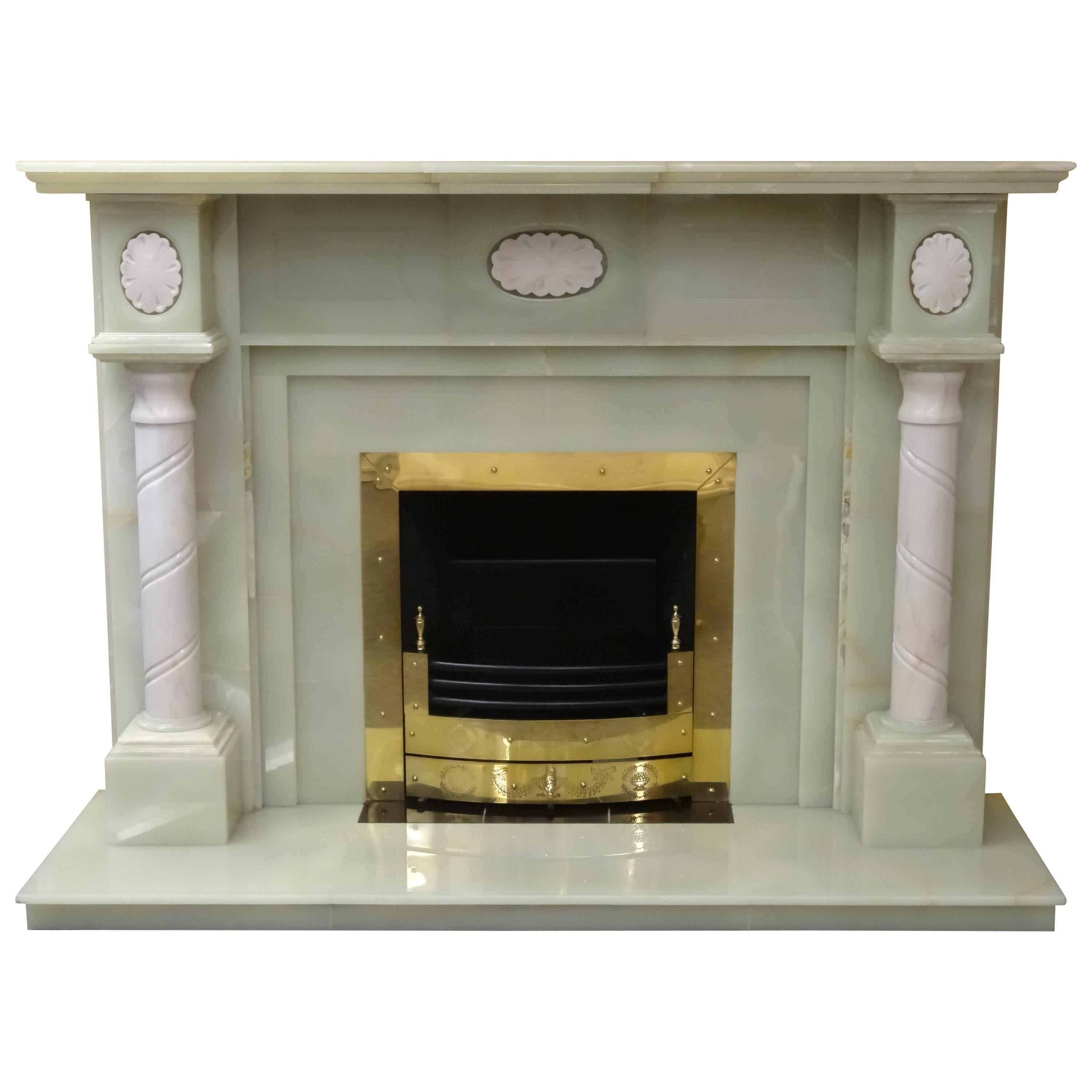 Green Onyx and Carved Marble Fireplace with Brass Frame and Fire Basket For Sale