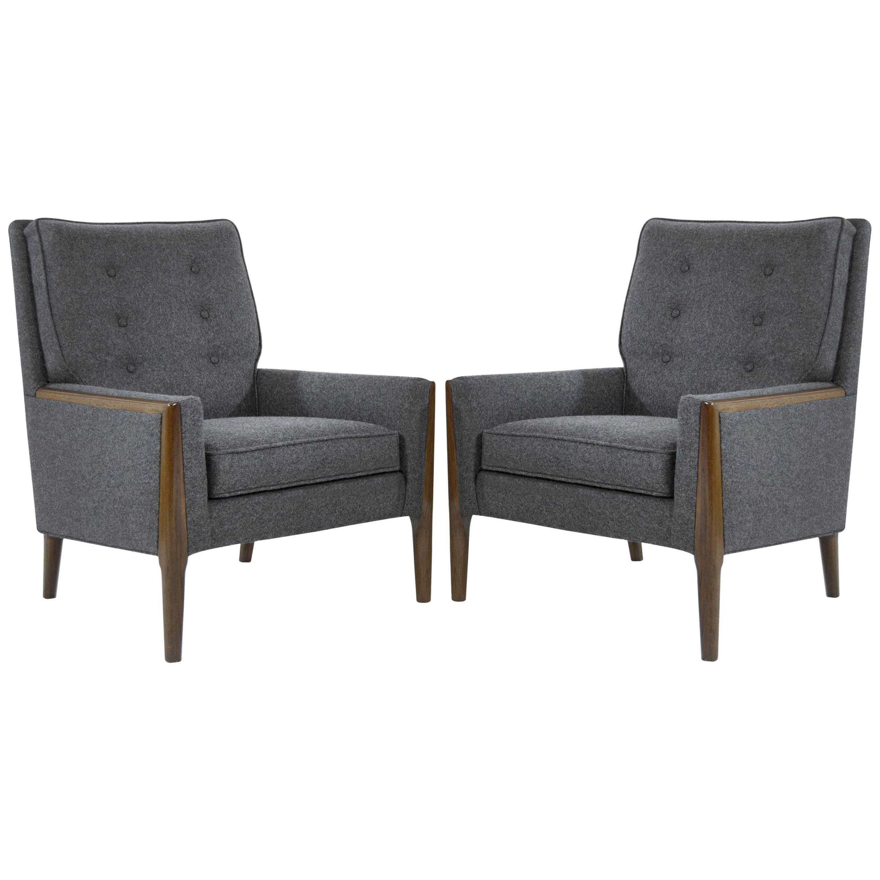 Mid-Century Modern High Back Lounge Chairs in Grey Wool