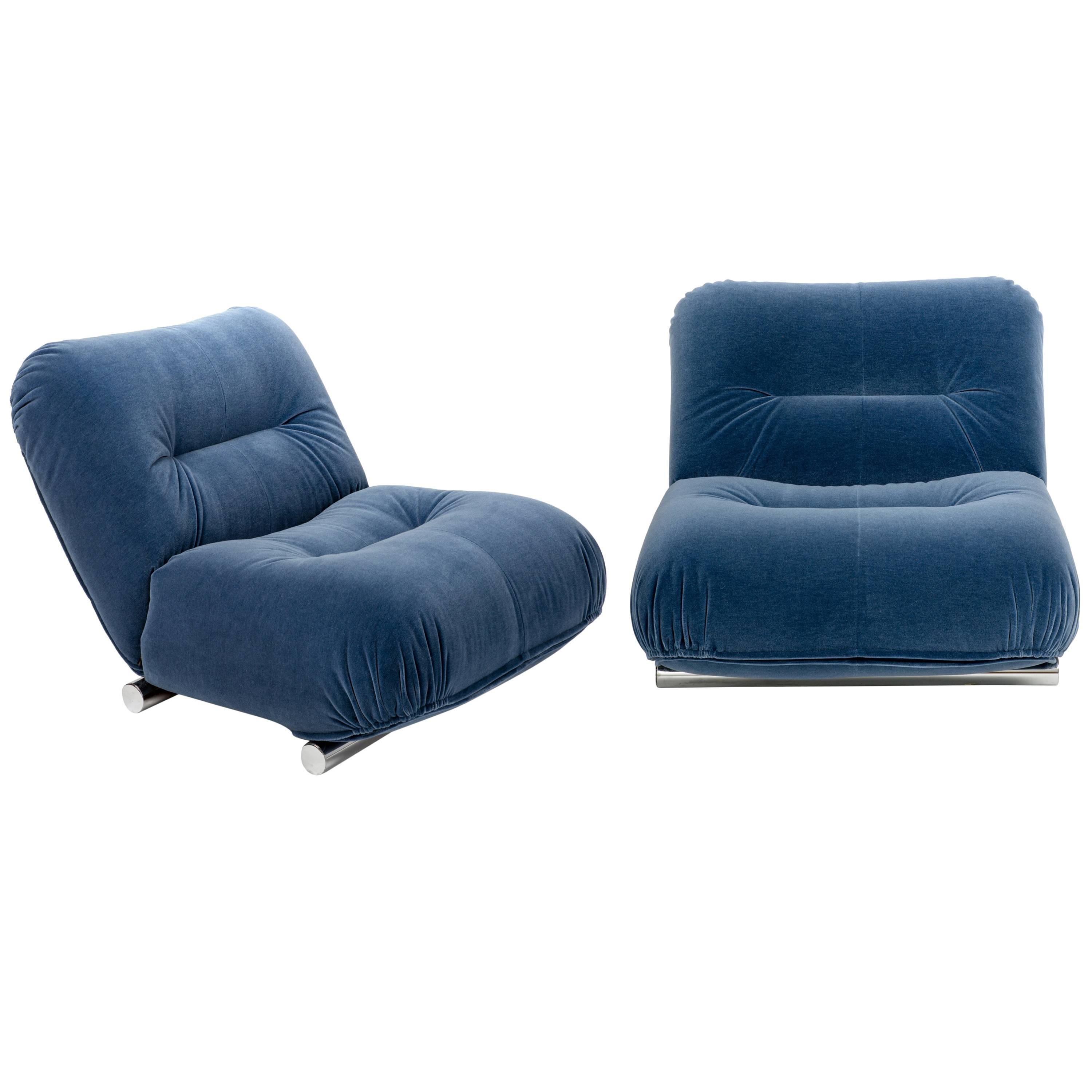 Pair of Mid-Century 1960s Italian Lounge Chairs in Blue Mohair with Chrome Legs