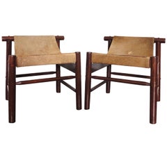 Dujo Cuba Pair of Architectural Stools in Mahogany and Goat Skin, 1970s