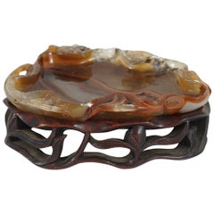 Late 19th-Early 20th Century Carved Chinese Agate Brush Washer on Rosewood Stand