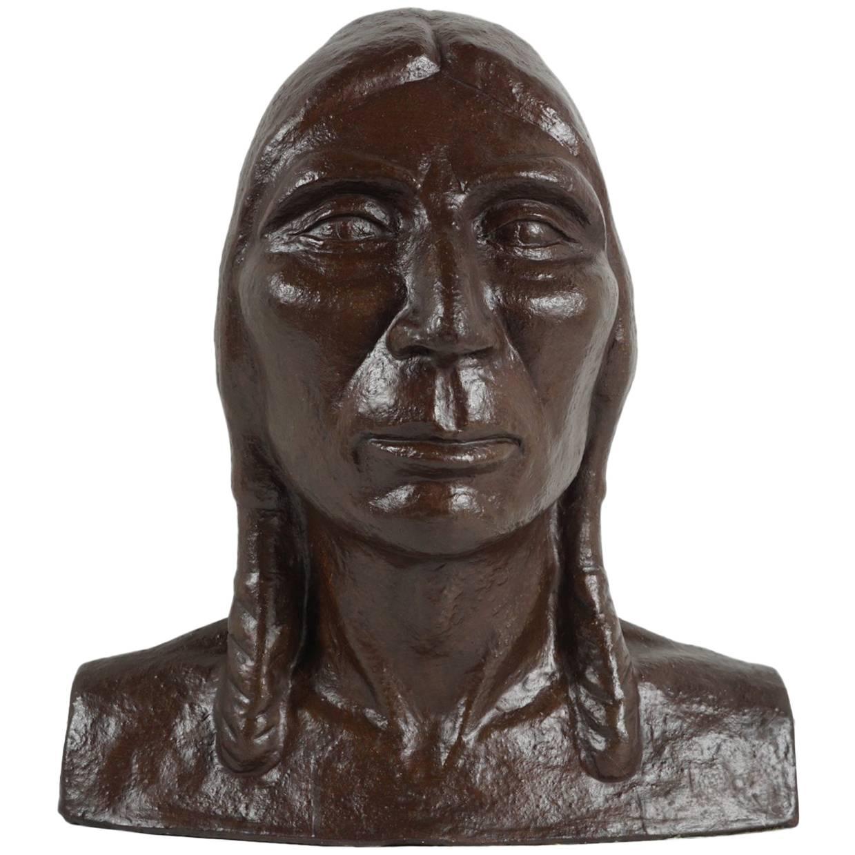 Early 20th Century Bronzed Plaster Head of an American Indian