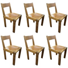 Pierre Chapo Beautiful Set of Six Wood and Leather Chairs, circa 1960 3