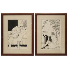 Early 20th Century Pair of Spanish Erotic Pen and Ink with Wash Drawings