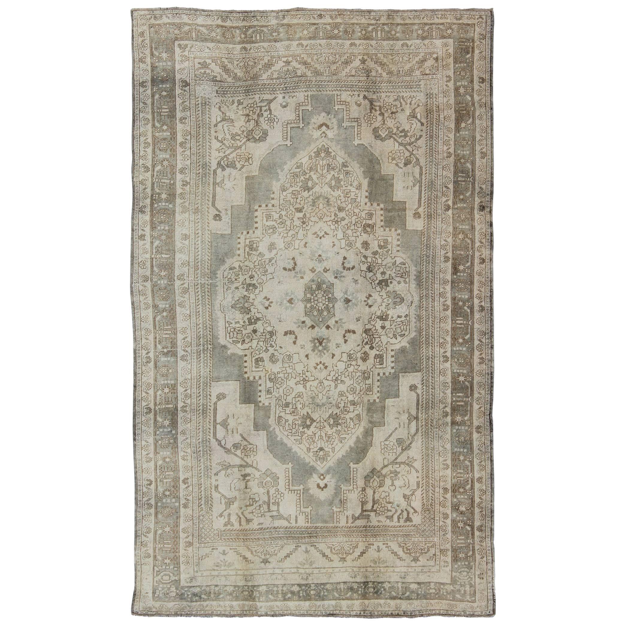 Vintage Turkish Oushak Rug with Floral Medallion Design in Ivory and Gray For Sale