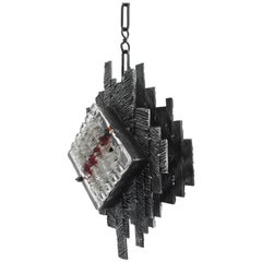 Rare Brutalist Metal and Glass Pendant in the Style of Poliarte Italy, 1970s