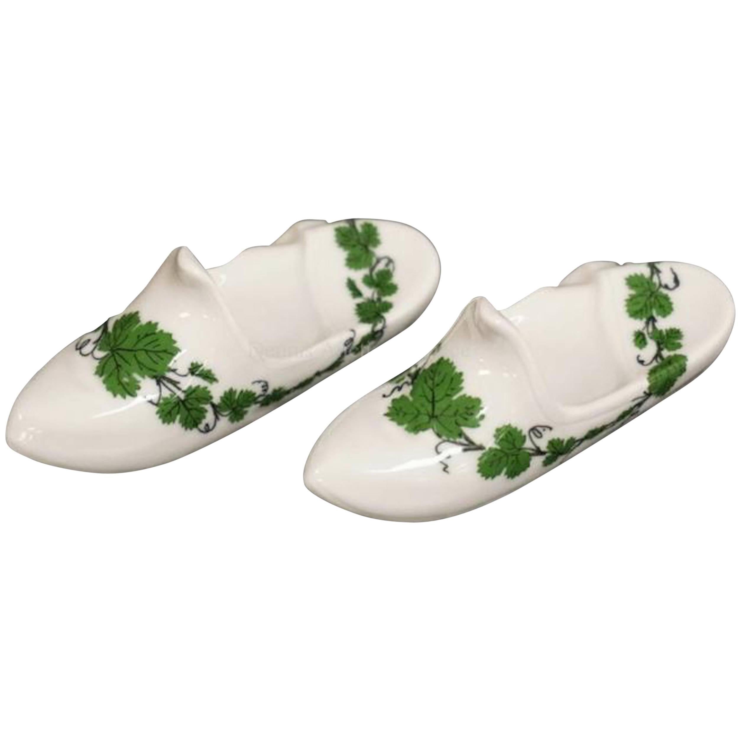 Pair of Meissen Porcelain Green Vine Slipper or Shoe Knife Rests For Sale