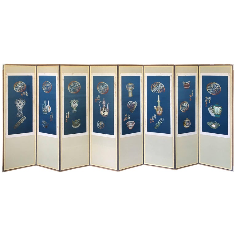 Vintage Korean Blue Silk Embroidered Eight Panel Screen, circa 1940s at