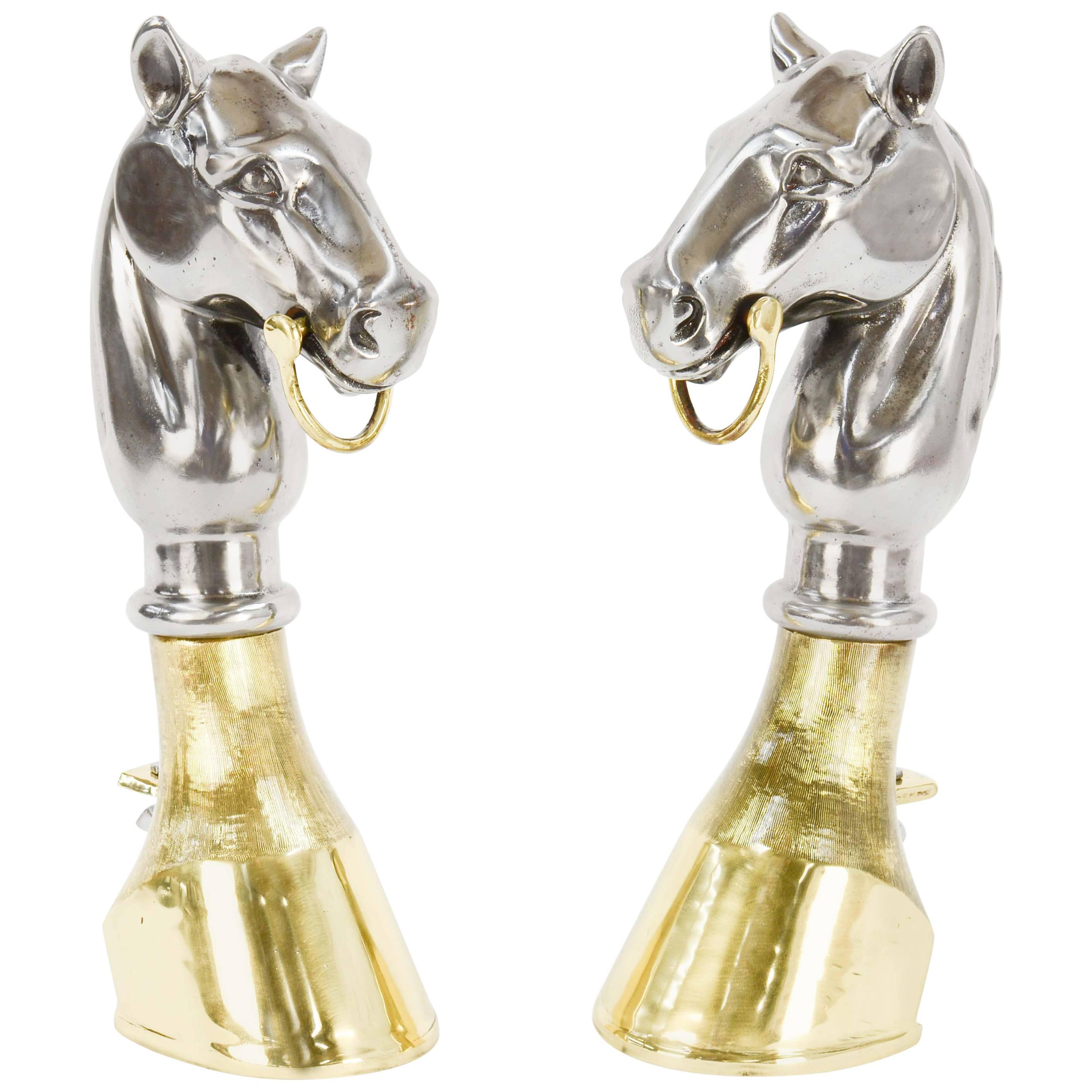 Pair of Polished Brass and Steel Equestrian Andiron Posts For Sale