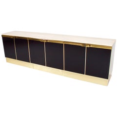 Impressive Brass, Travertine and Black Lacquered Sideboard, 1970s Impressive Brass, Travertine and Black Lacquered Sideboard, 1970s