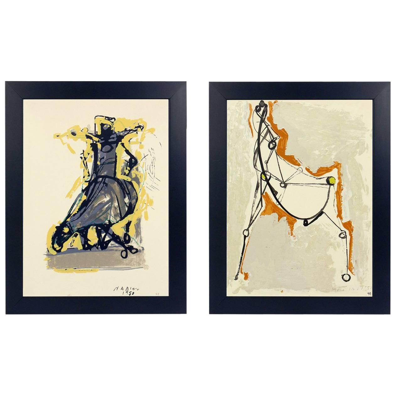 Selection of three horse and rider lithographs by Marino Marini, from the Marino Marini portfolio, printed by Carl Schunemann, Germany, circa 1968. They have been framed in clean lined black lacquer gallery frames.