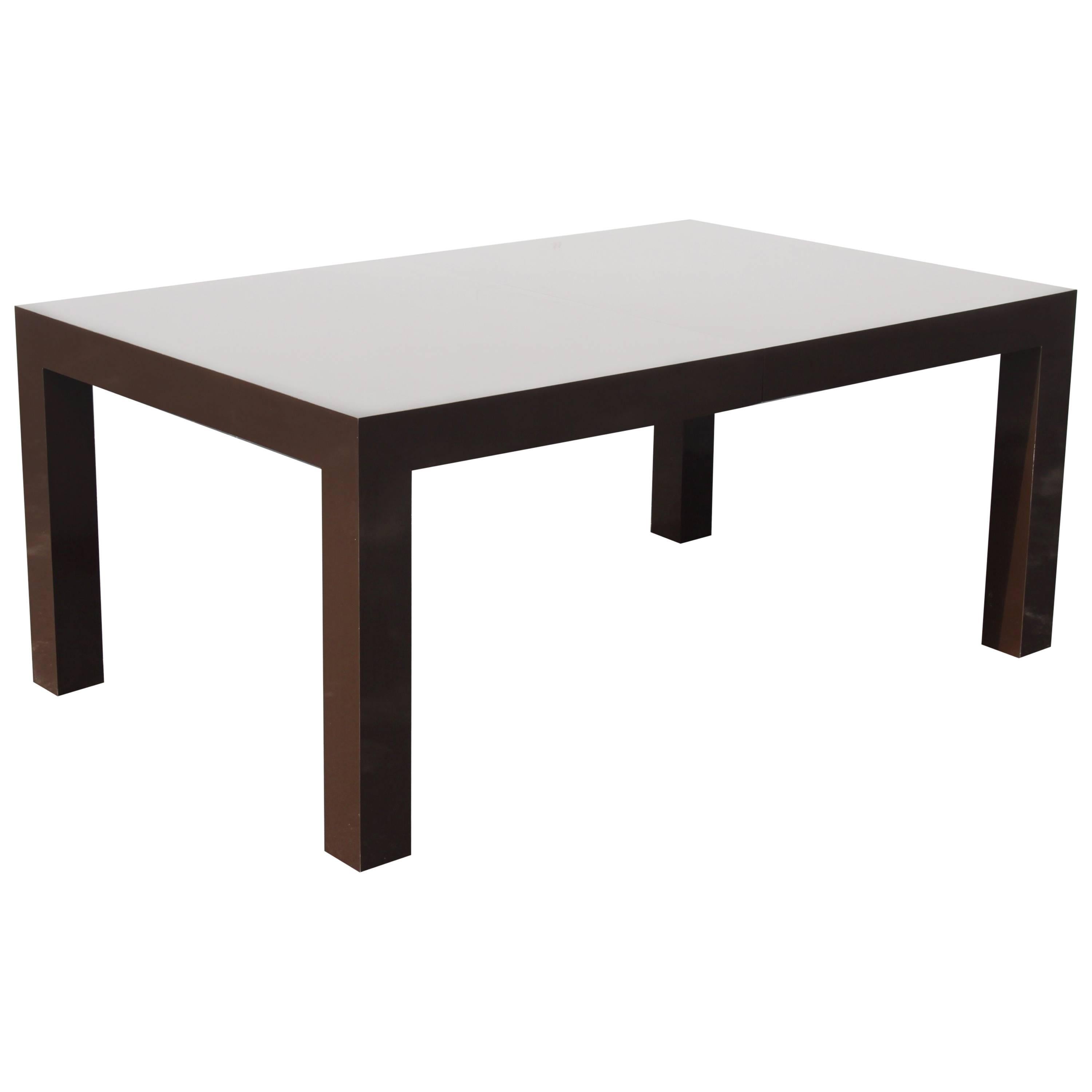 Milo Baughman for Thayer Coggin large chocolate laminate Parsons dining table with two 20