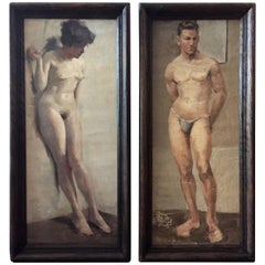 Pair of Framed European Studio Nudes, circa 1900, Oil on Canvas
