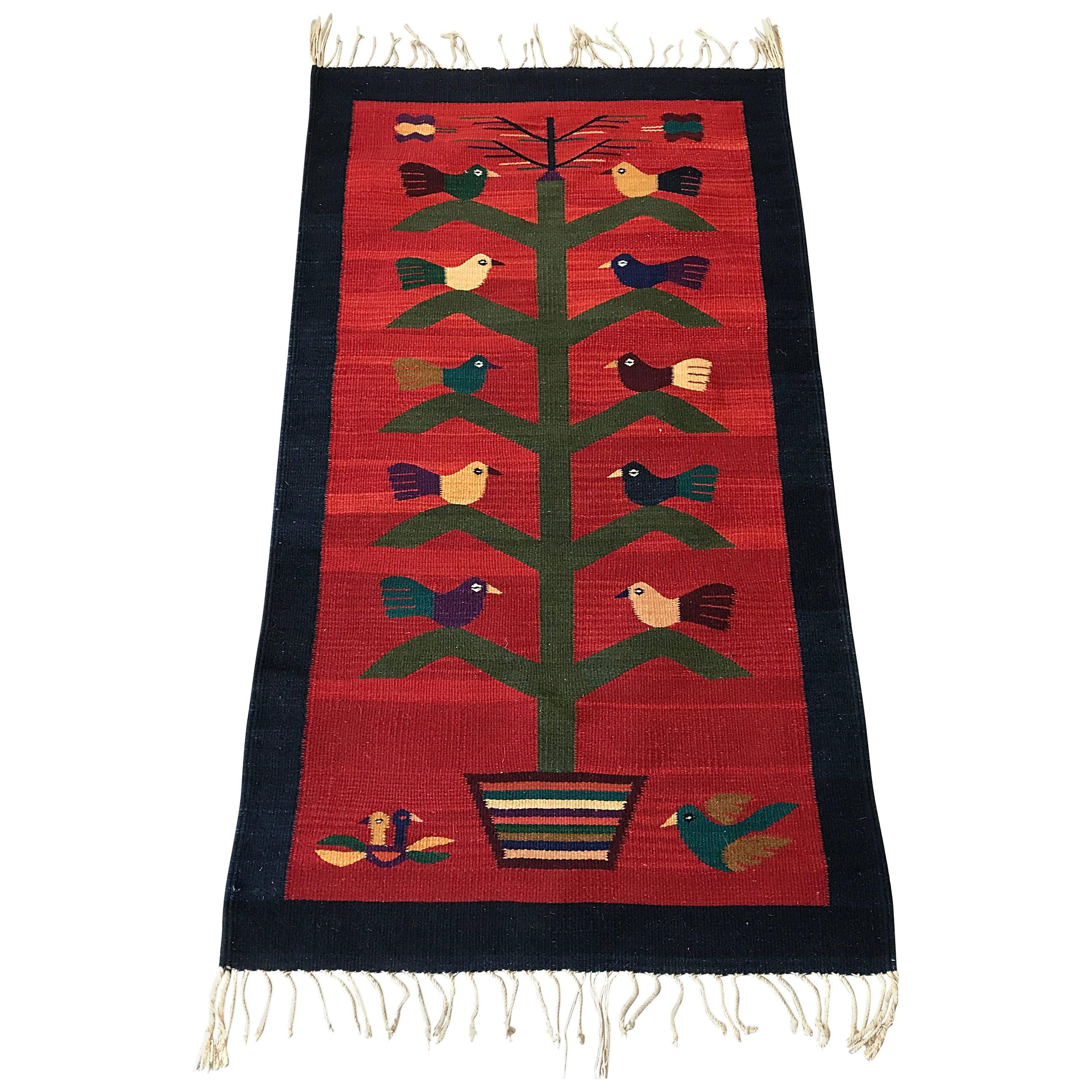 1950s Red Kilim Rug with a Bird and Potted Tree Motif