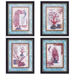 Vintage Set of Four Red Coral Prints in Custom Frames