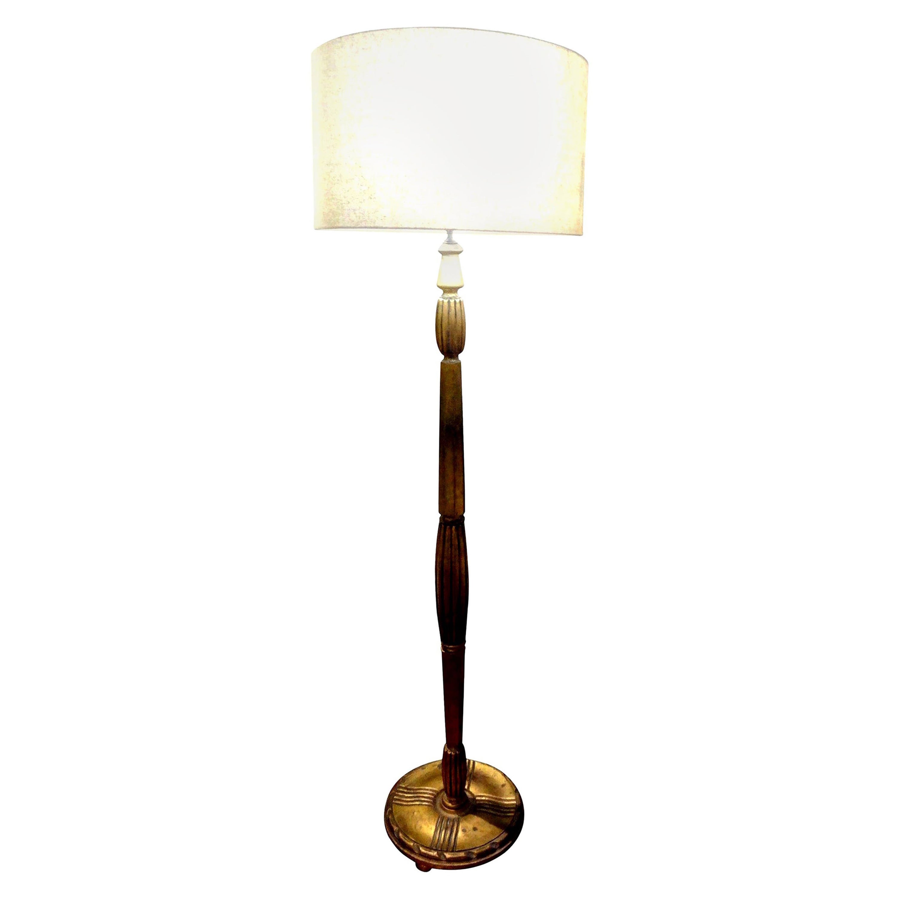 French Art Deco Jules Leleu Style Giltwood Floor Lamp For Sale
