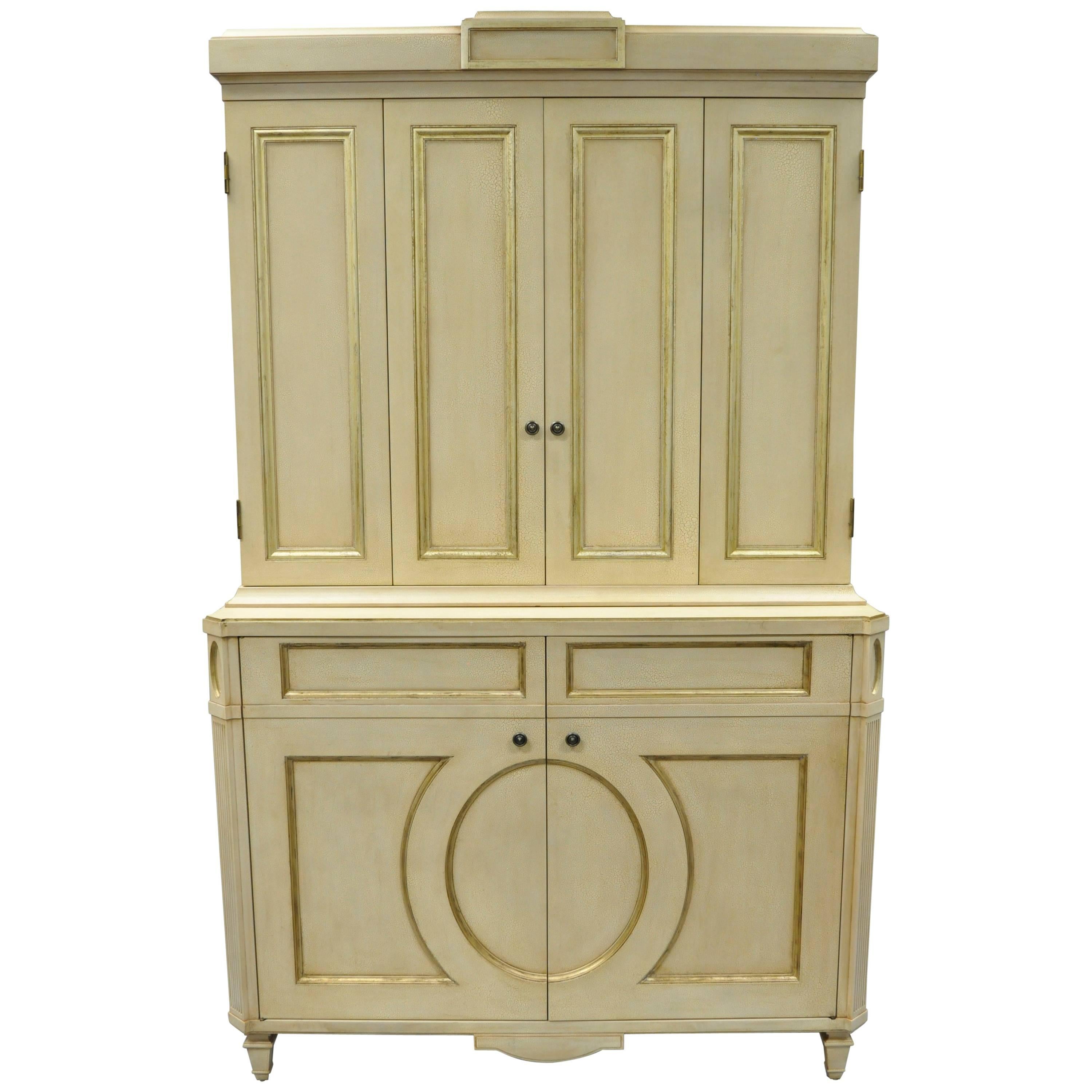 Directoire Neoclassical Style Cream and Gold Distress Painted Cabinet by Decca B For Sale