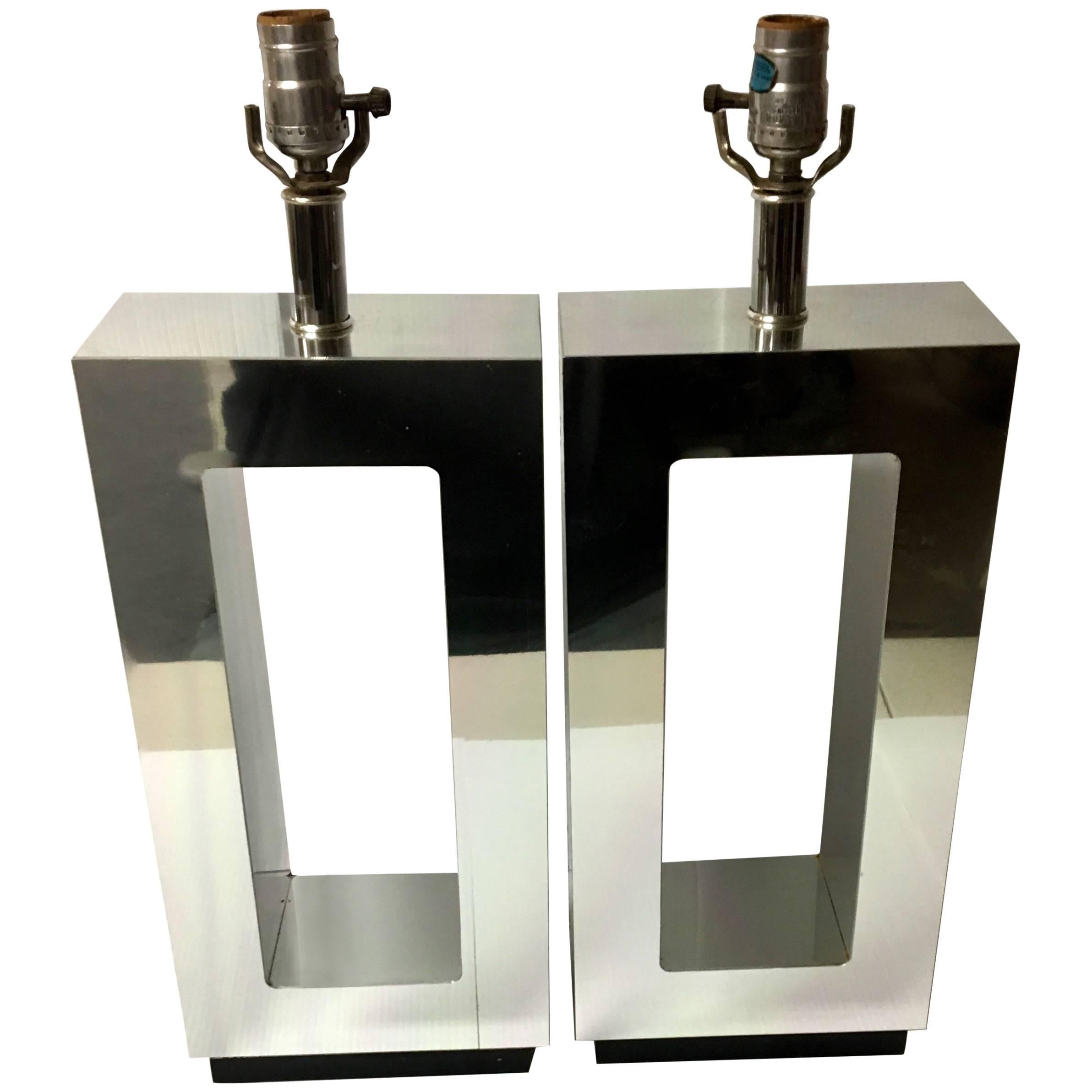 Pair of Mirrored Geometric Table Lamps in the Style of Milo Baughman, 1970s For Sale