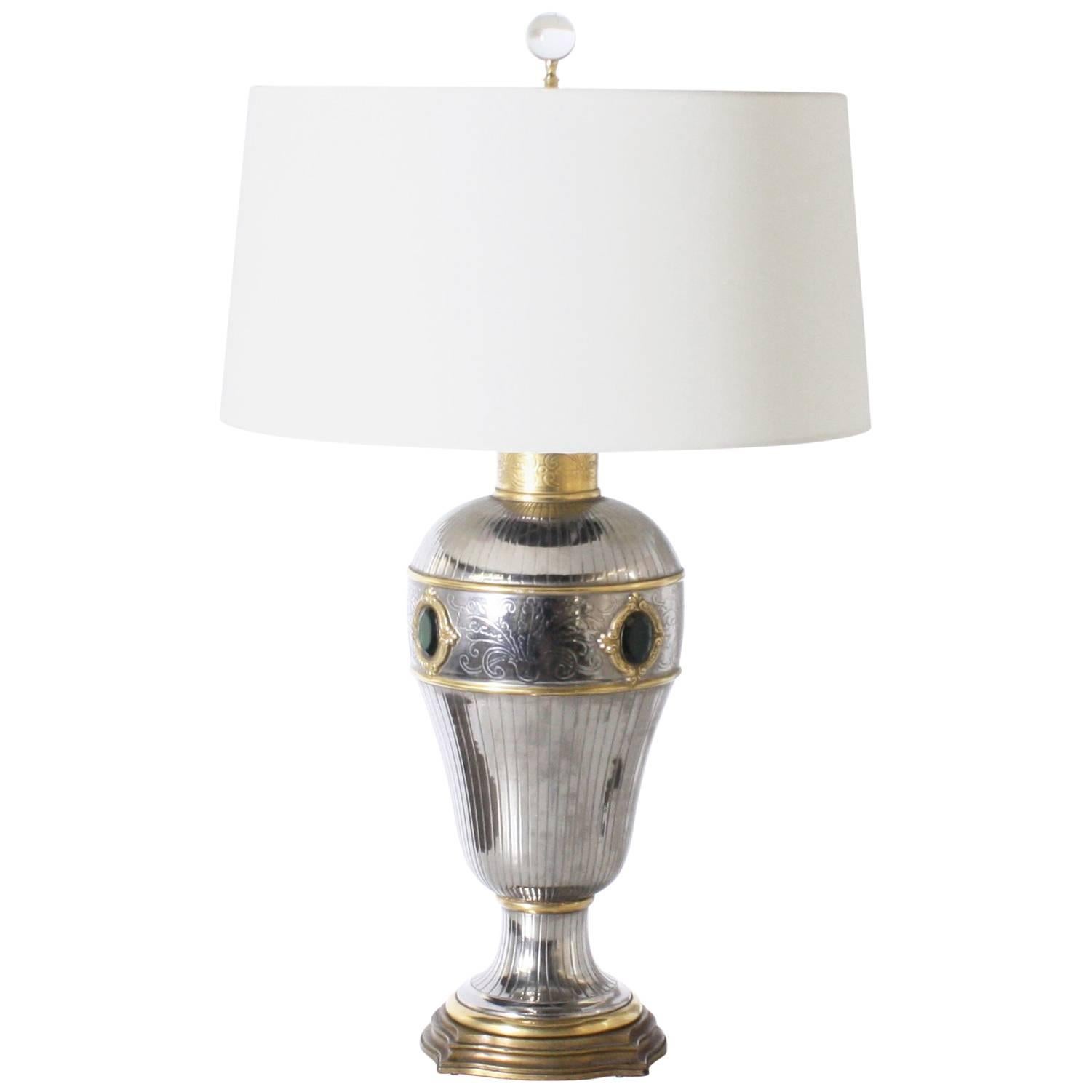 Monumental Silver and Brass Marbro Lamp with Faux Emerald Detail, circa 1950