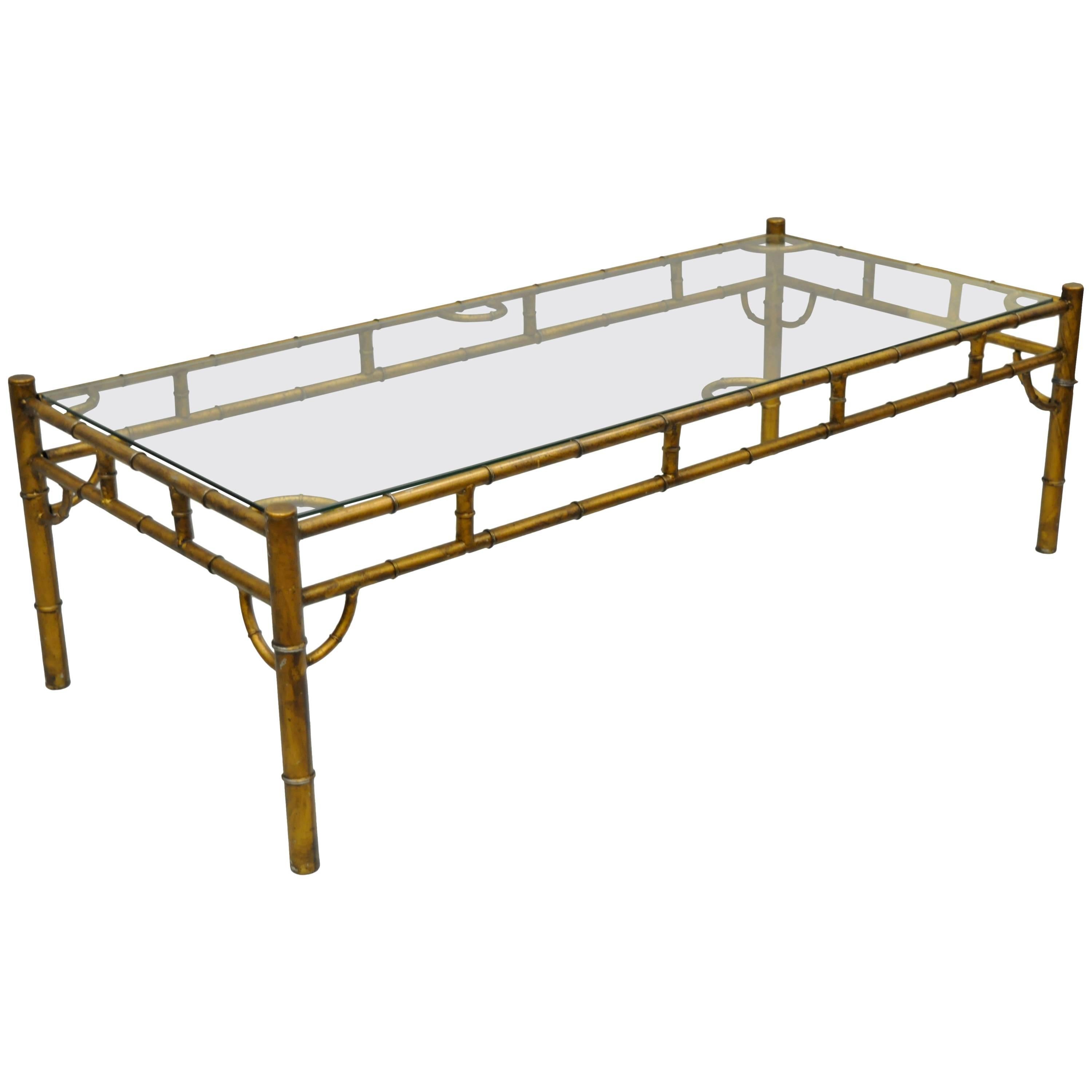 Gold Metal Glass Faux Bamboo Chinese Chippendale Style Rectangular Coffee Table
