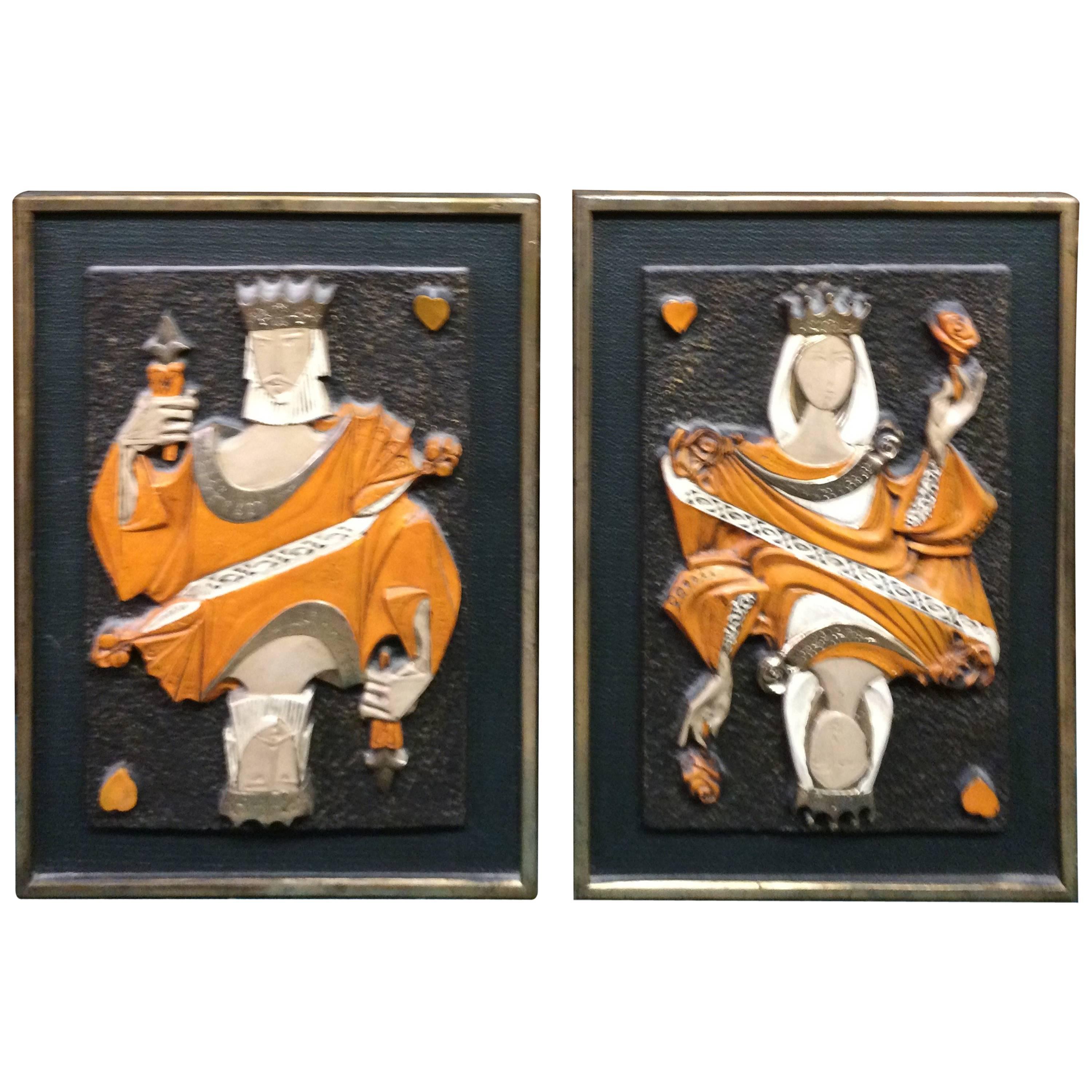 Mid-Century Modern Pair of King and Queen of Hearts Panels. Made of fiberglass resin these highly stylized and detailed panels are decorative and fun. Perfect for any card shark or gambler or just someone with a cool Mid Century Bar or office