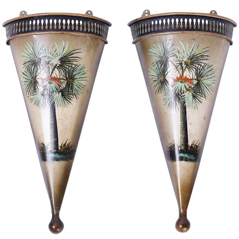 Pair of Tole Wall Planters with Palm Trees 