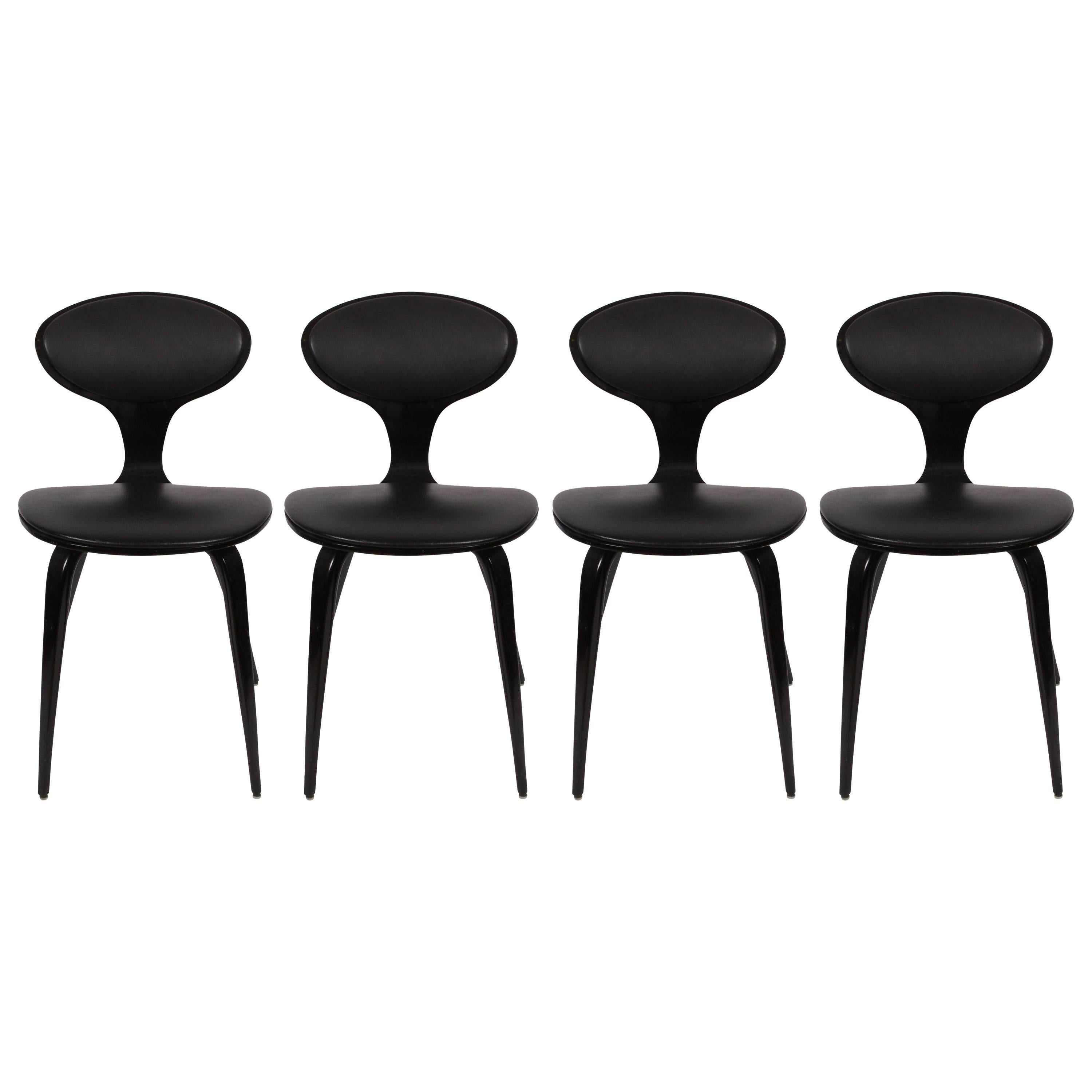Set of Four Norman Cherner Bentwood Upholstered Black Lacquer Chairs