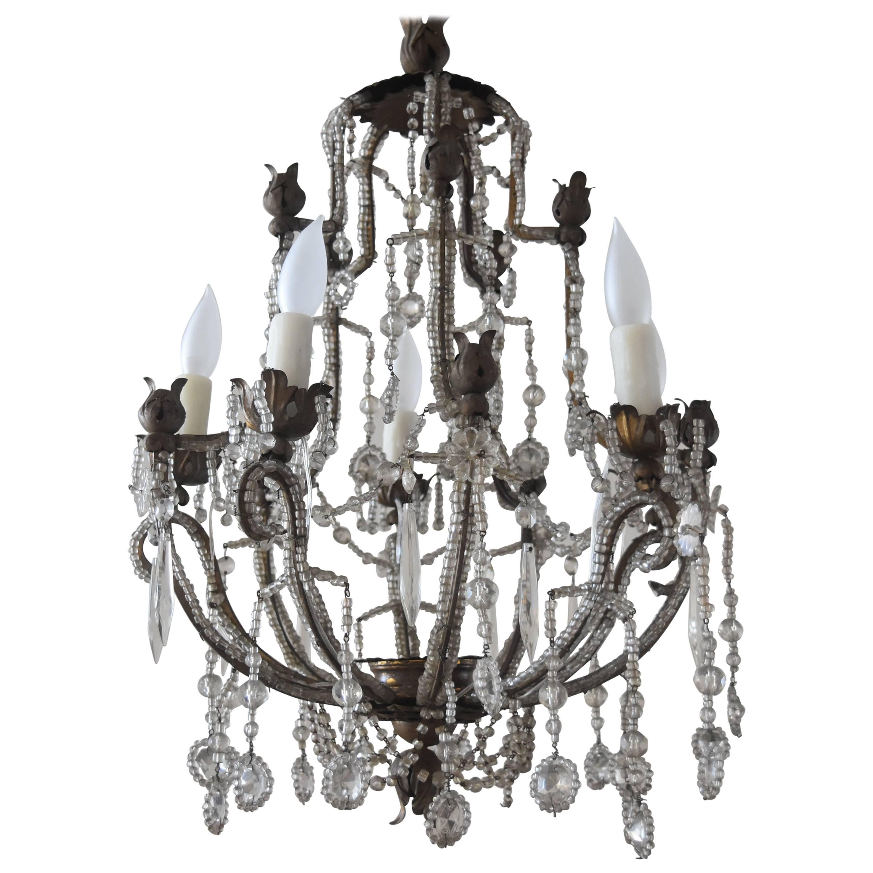 19th Century Italian Beaded Metal Crystal Chandelier with Floral Metal Bobeshes