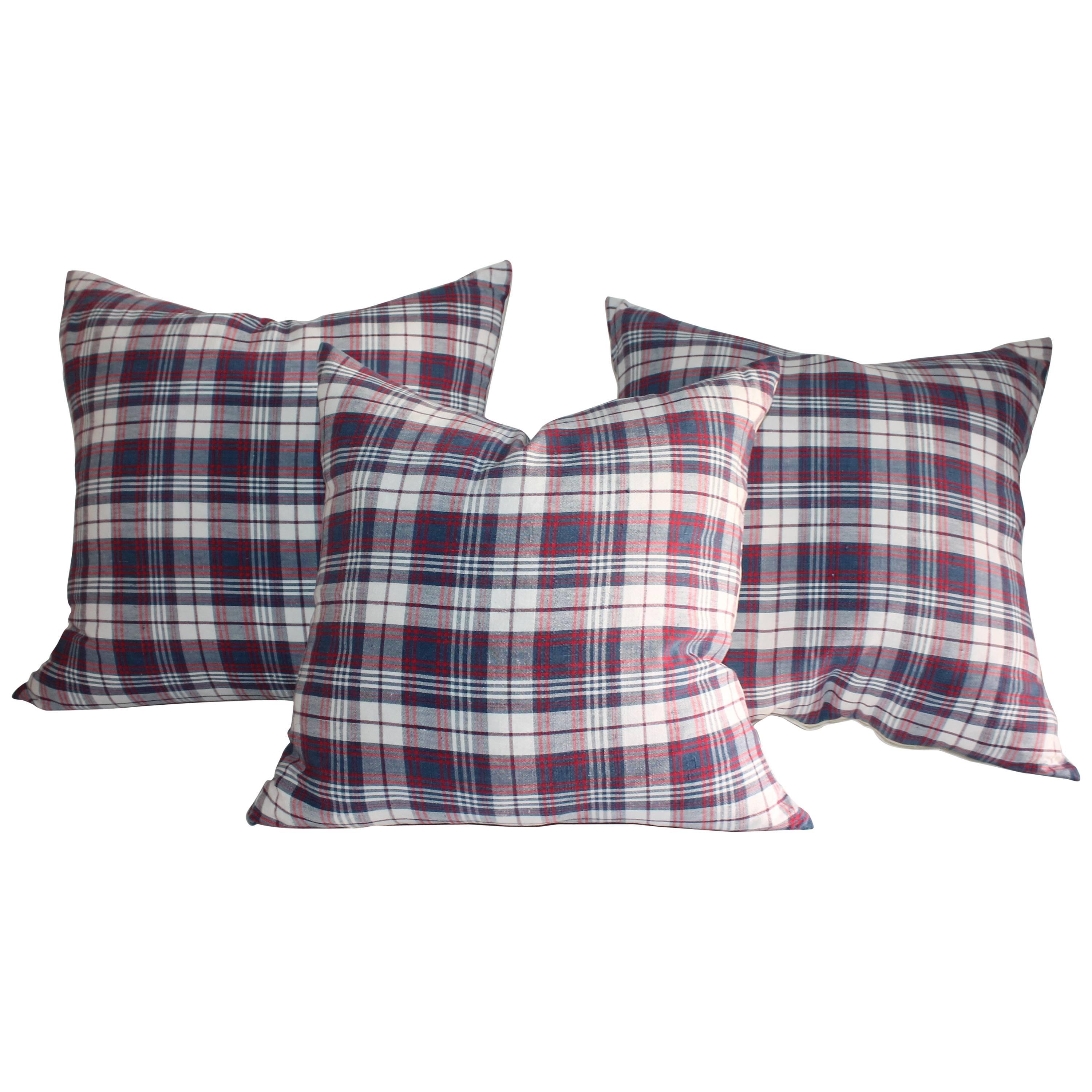 19th Century Plaid Linen Ticking Pillows For Sale