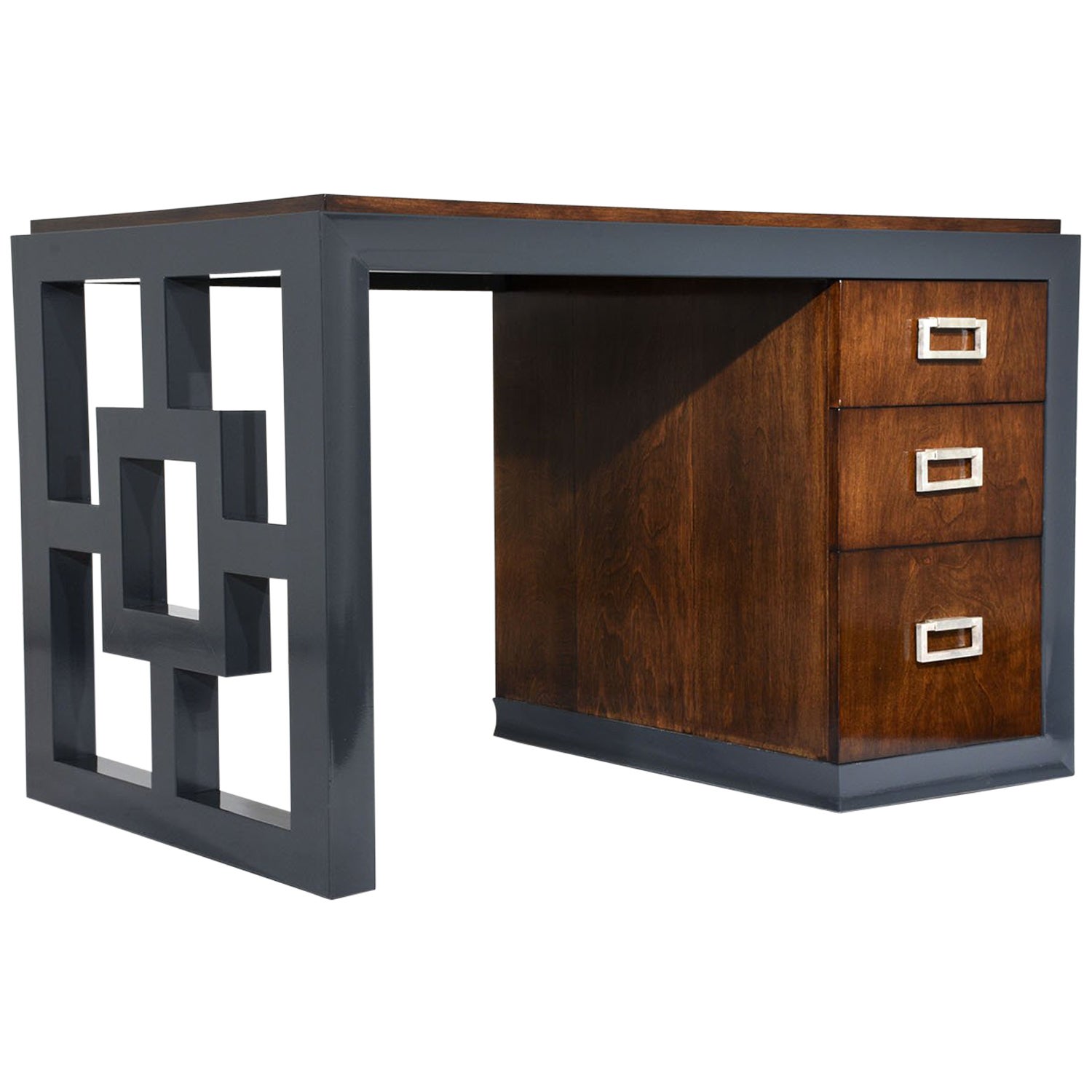 Walnut and Rosewood MidCentury Modern Desk with Brass Knobs at 1stDibs