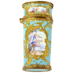 Extraordinary "Sevres-style" Antique English Gilt Enamel Etui or Necessaire