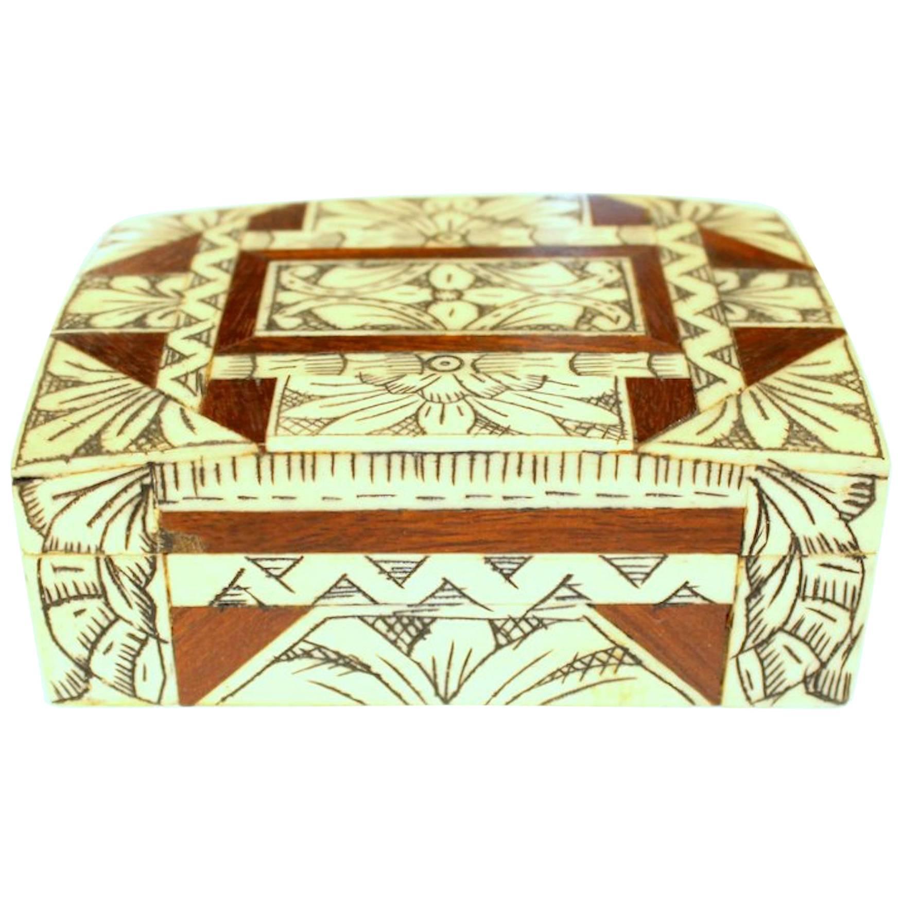 Old Anglo-Indian Carved Bone, Rosewood and Mahogany Hinged Box