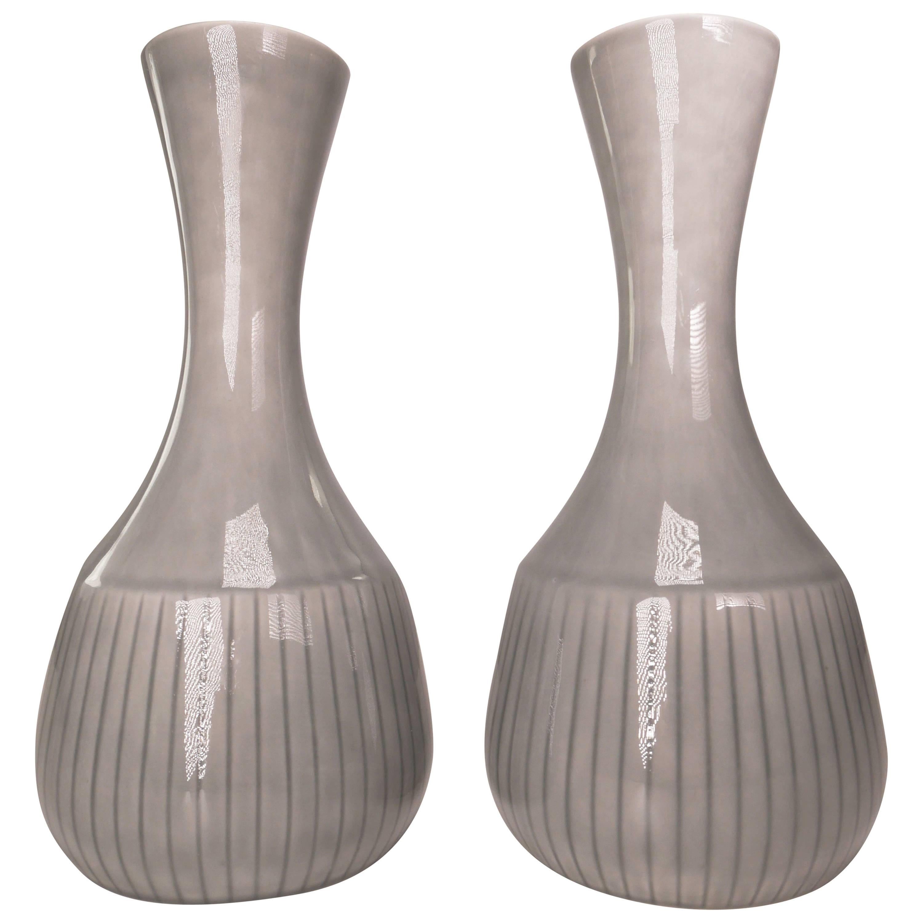 Gunnar Nylund for Rörstrand 1950s Modernist Gray Striped Vases For Sale