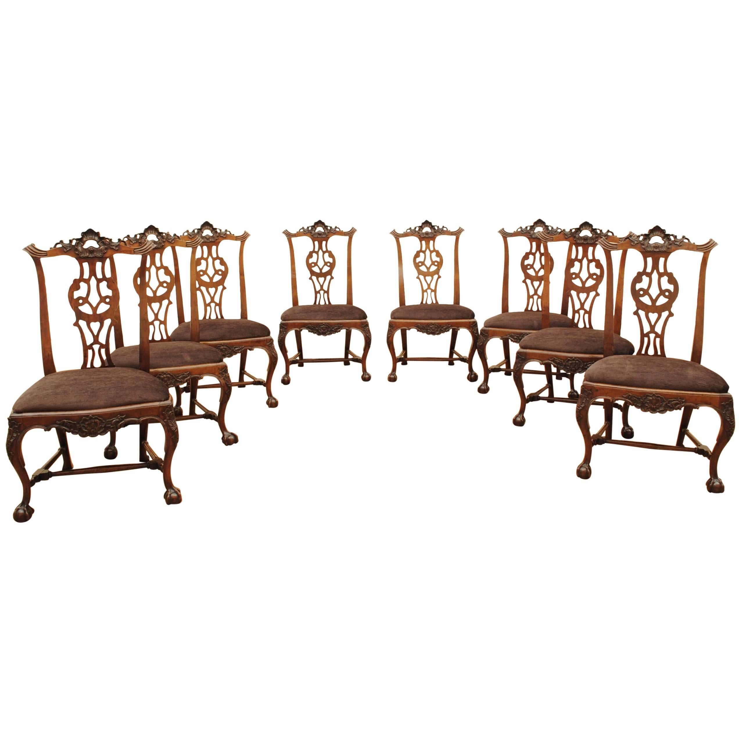 Set of Eight Portuguese Walnut Chippendale Influenced 18th Century Chairs