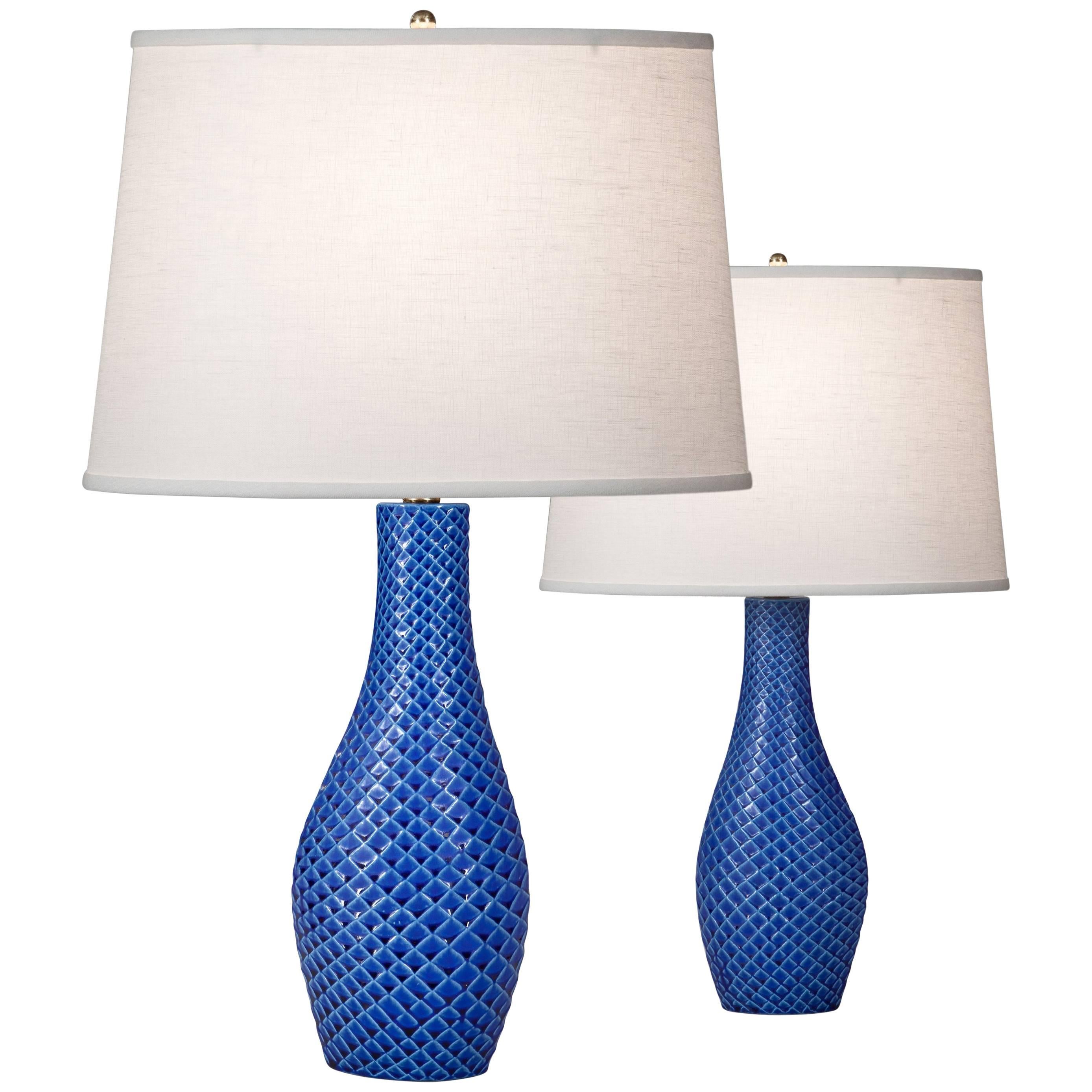 Stig Lindberg Pair of Swedish Blue Glazed Reptil Ceramic Lamps For Sale