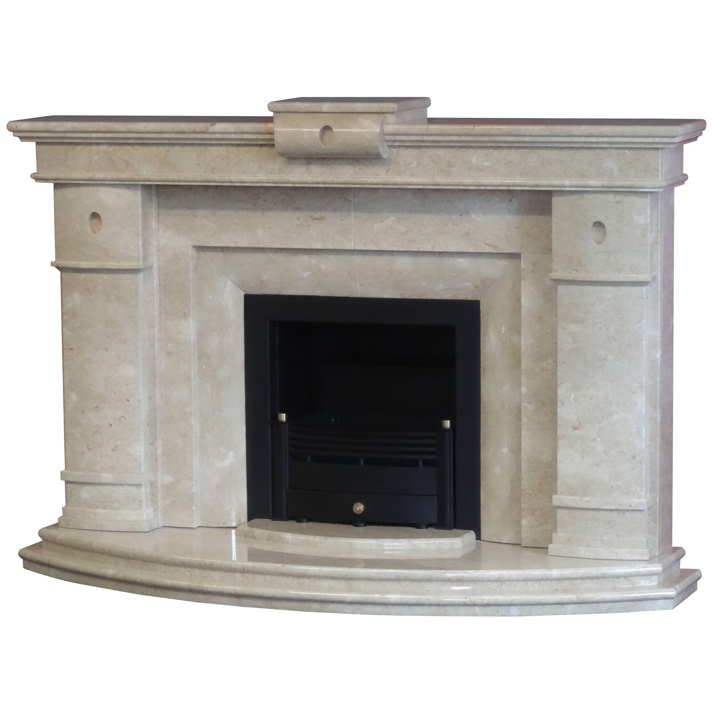 21st Century Polished Curved Marble Fireplace with Black Trim and Fire Basket For Sale