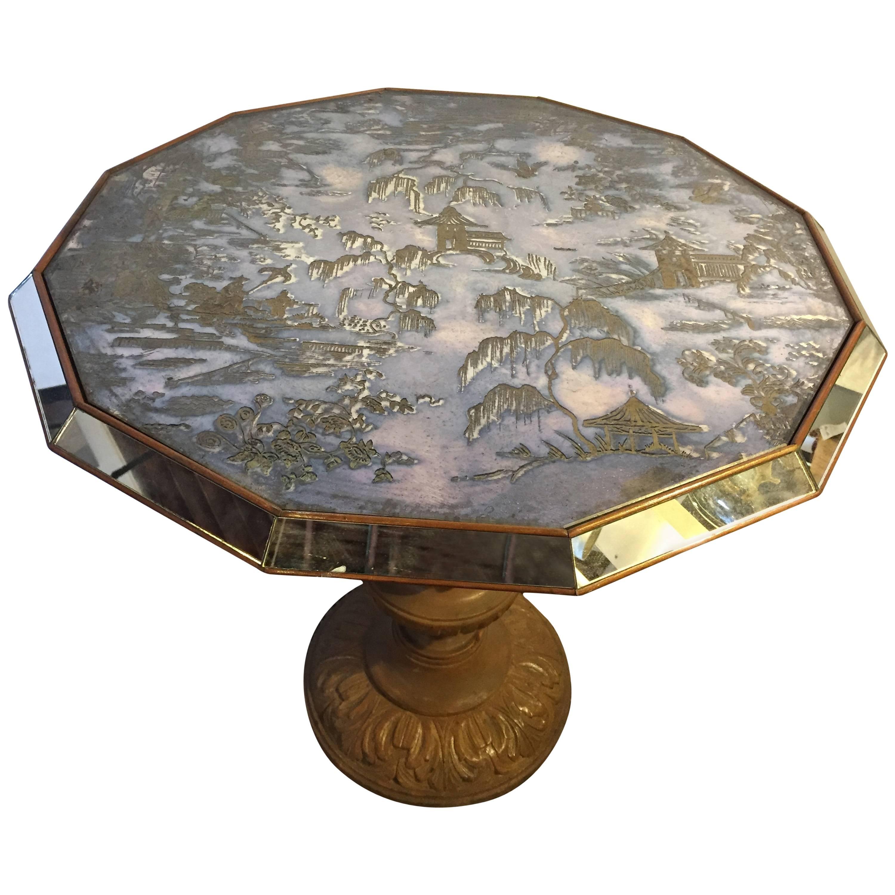 Chinoiserie Style Center Table with Eglomise Glass Top on a Single Pedestal