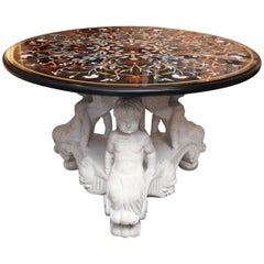 Pietra Dura Marble-Top Center Table Supported by White Carved Marble Angel Base