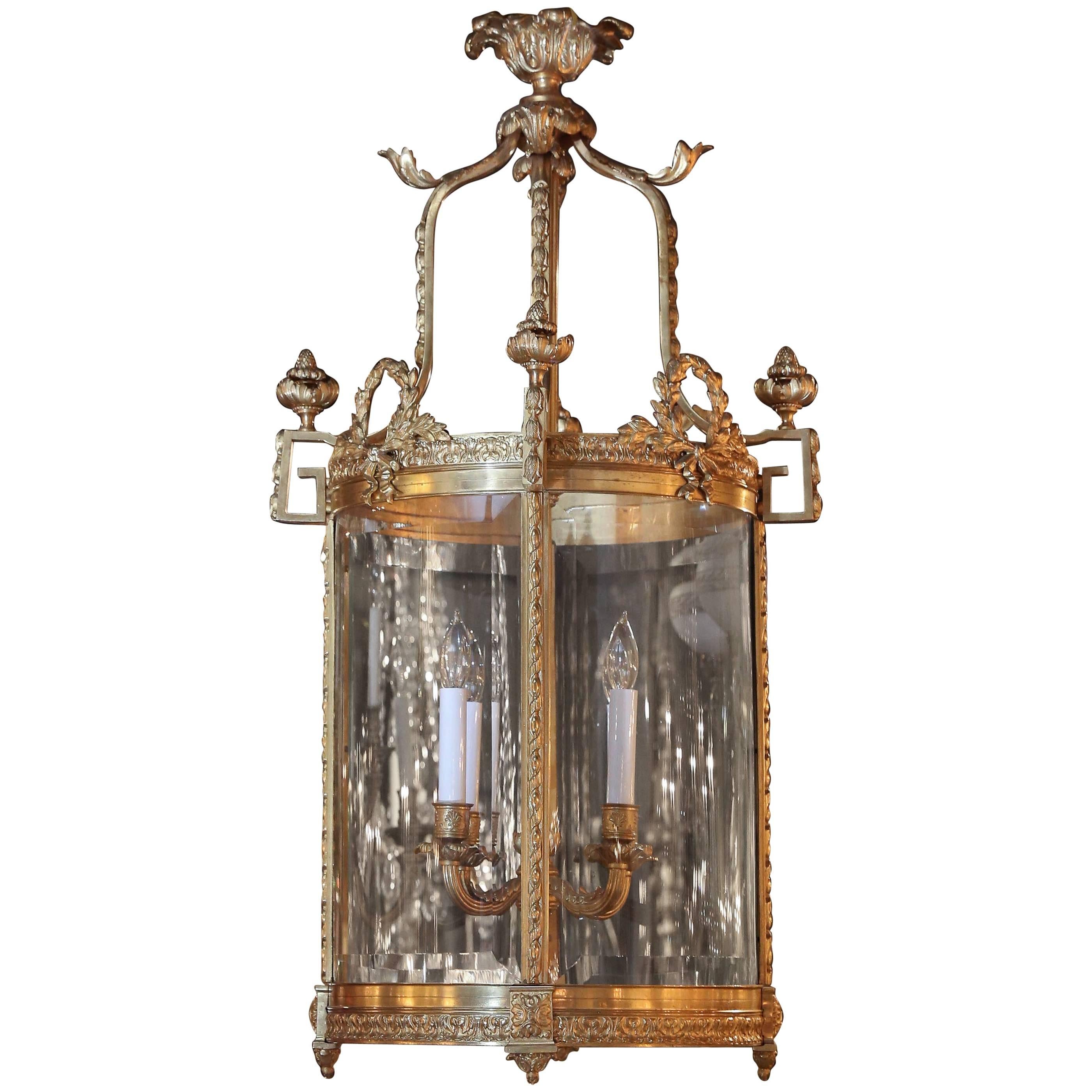 French Bronze Doré Lantern Style Chandelier, Four Lights with Beveled Glass