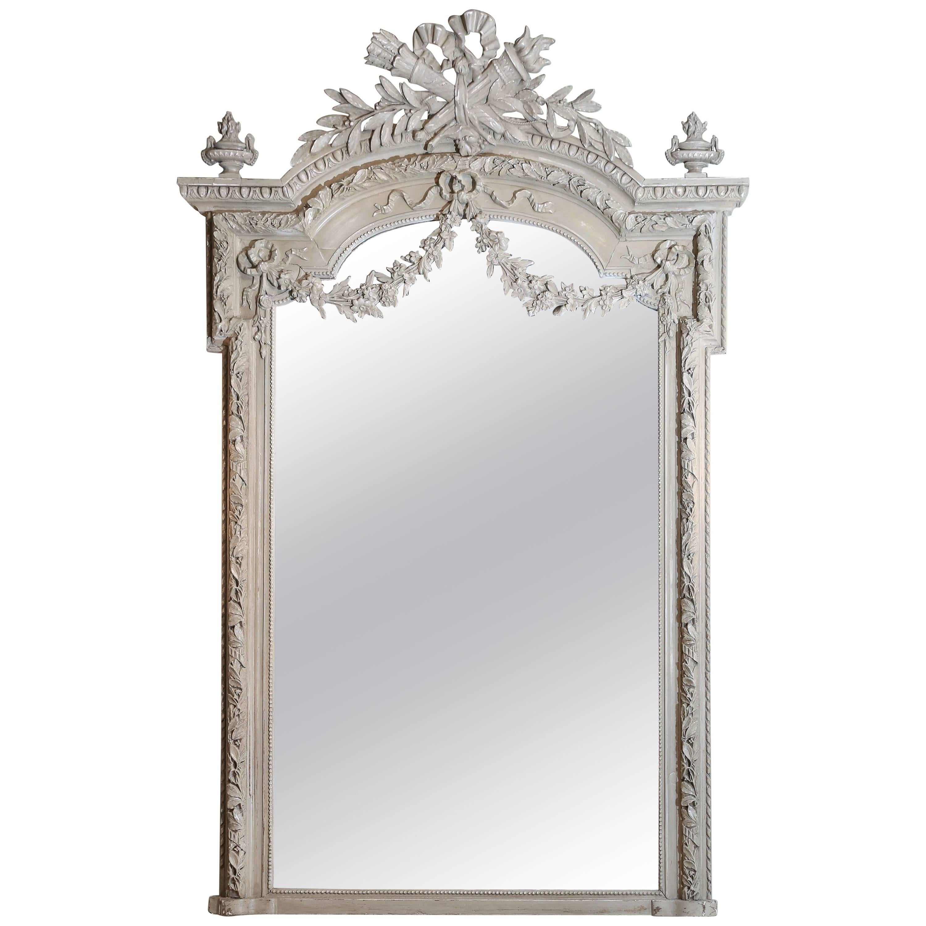 19th Century Louis XVI Style Grey Painted Mirror with Torch and Quiver Crest