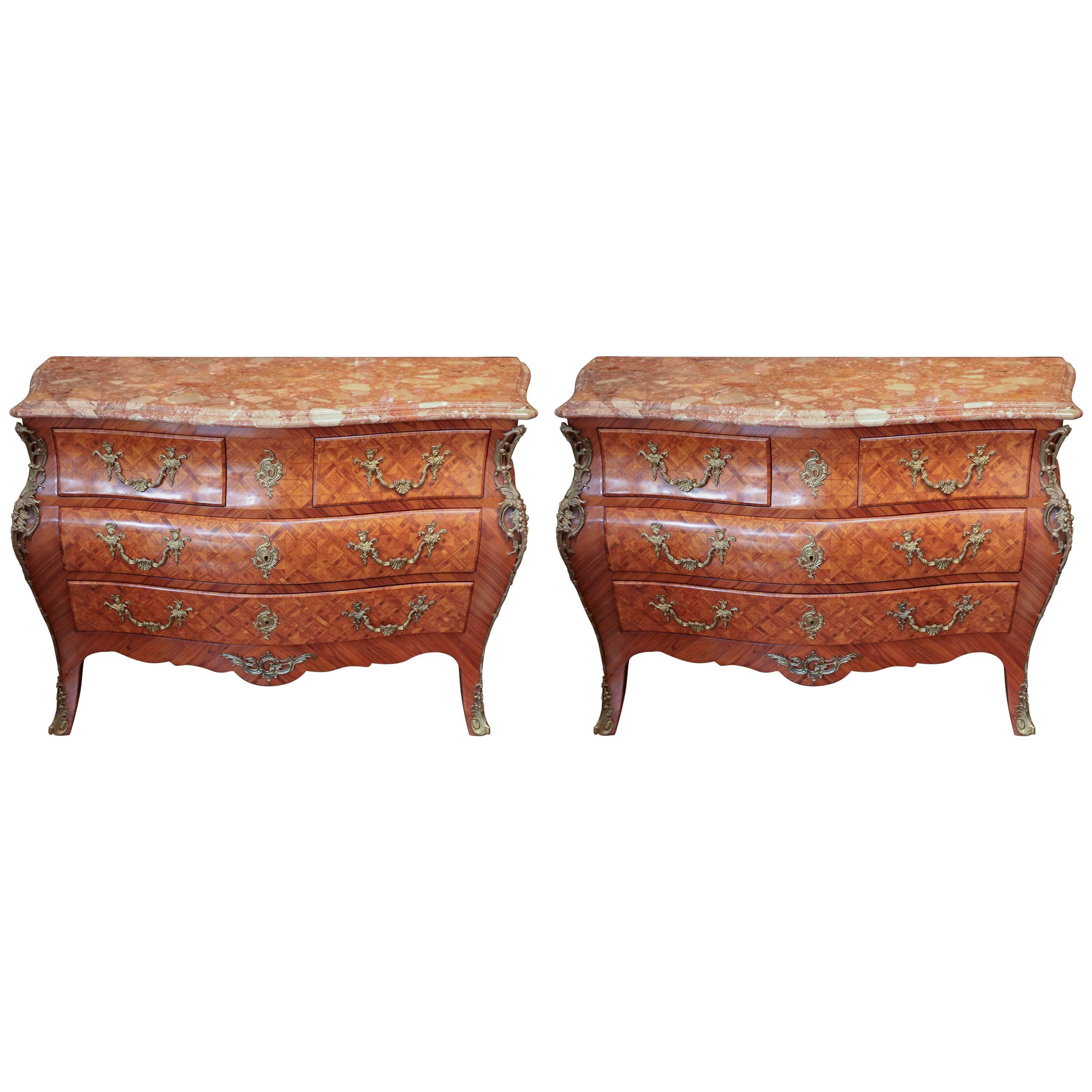 Pair of French Style Bomb'e Shaped Commodes with Marble Tops