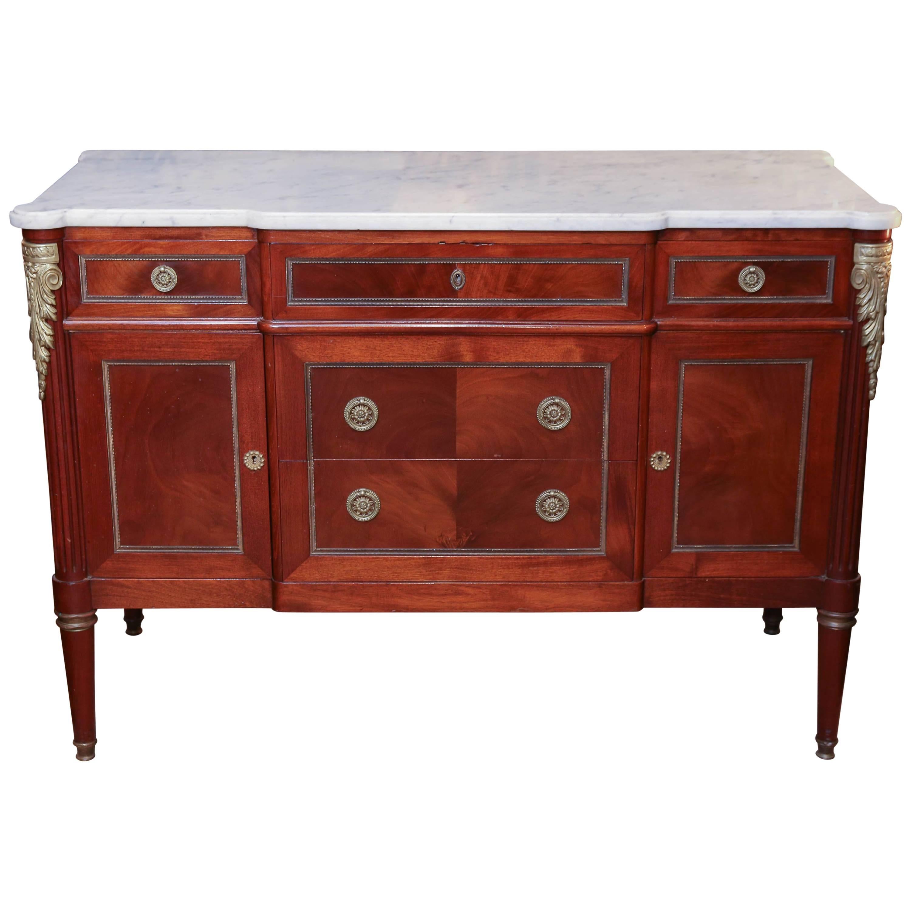 French Louis XVI Style Cabinet, Mahogany with White Marble Top, 19th Century For Sale