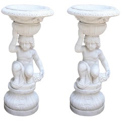Pair of Hand-Carved Marble Garden Statues Holding a Planter