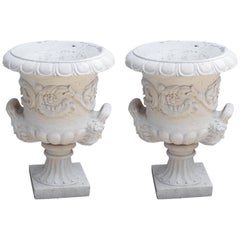 Pair of Hand-Carved Marble Planters in Pale Cream Color