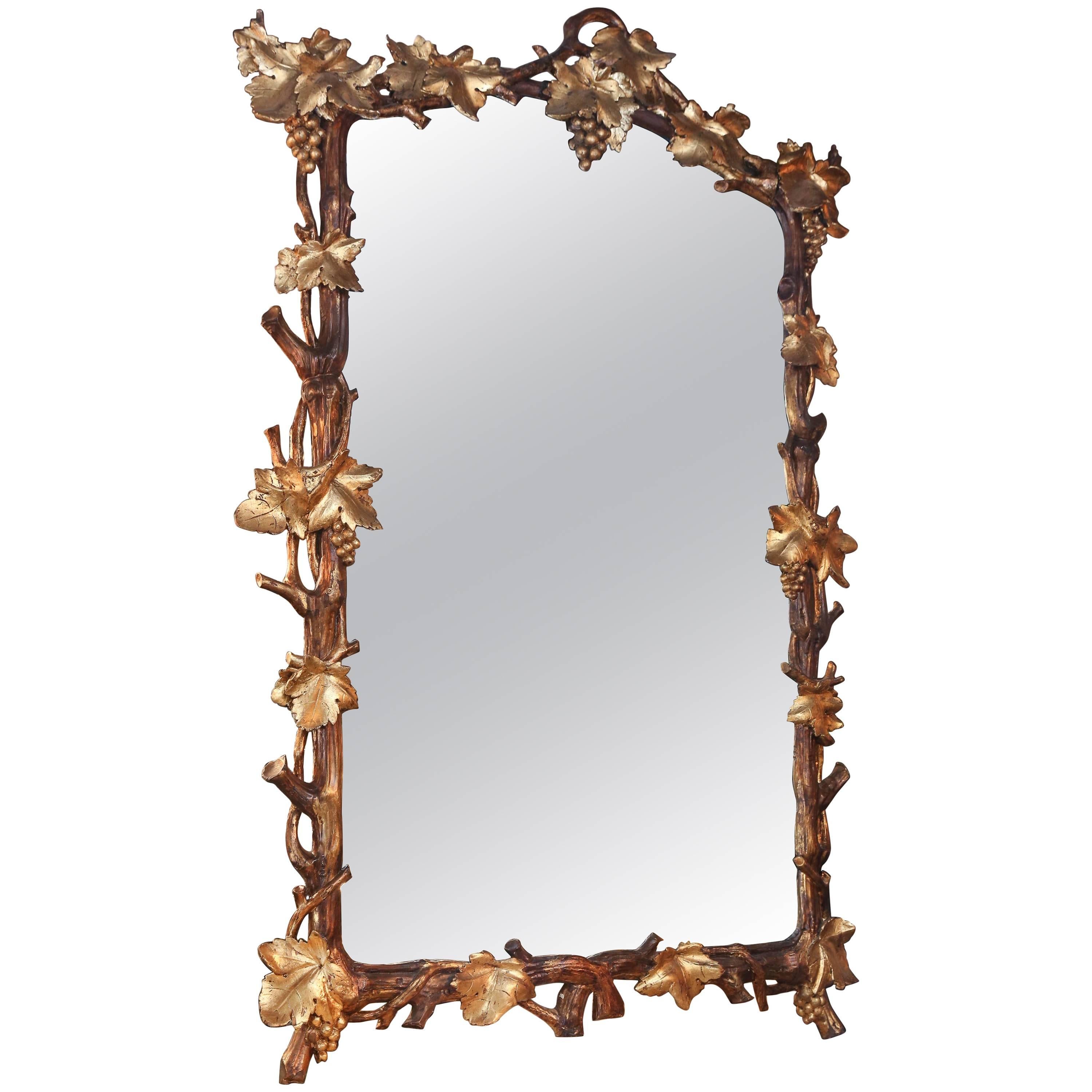 19th Century Gilt Mirror Carved with Grapes and Grape Vine with Faux Bois Style