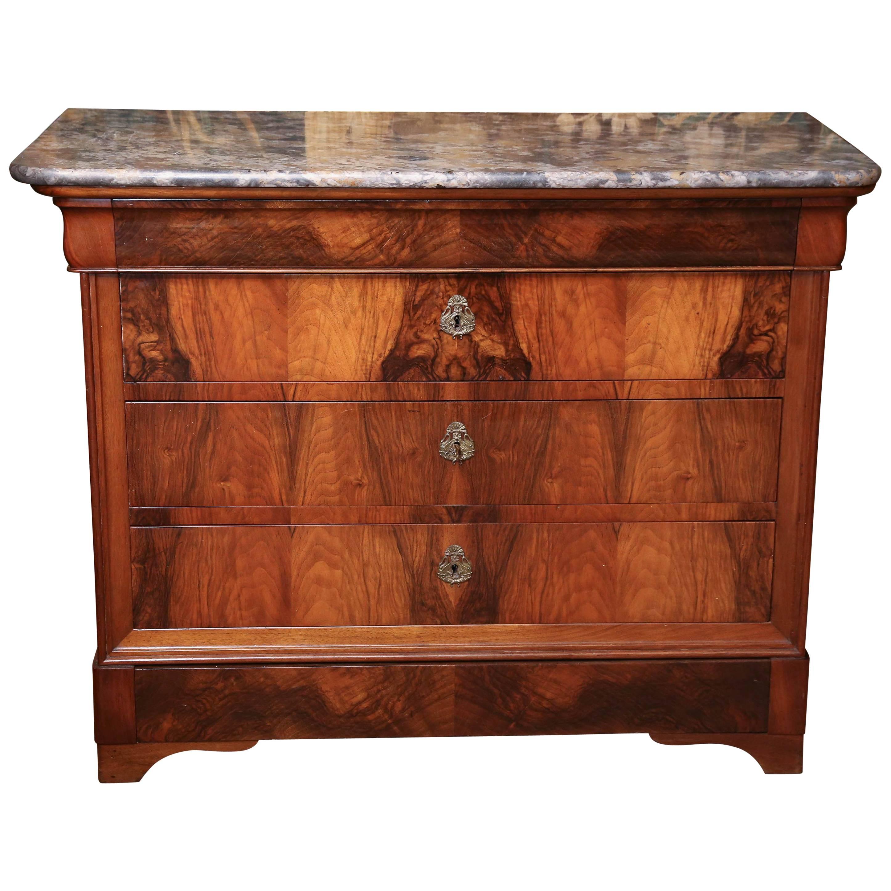 French Charles X Style Walnut Chest of Drawers, 19th Century, Marble Top