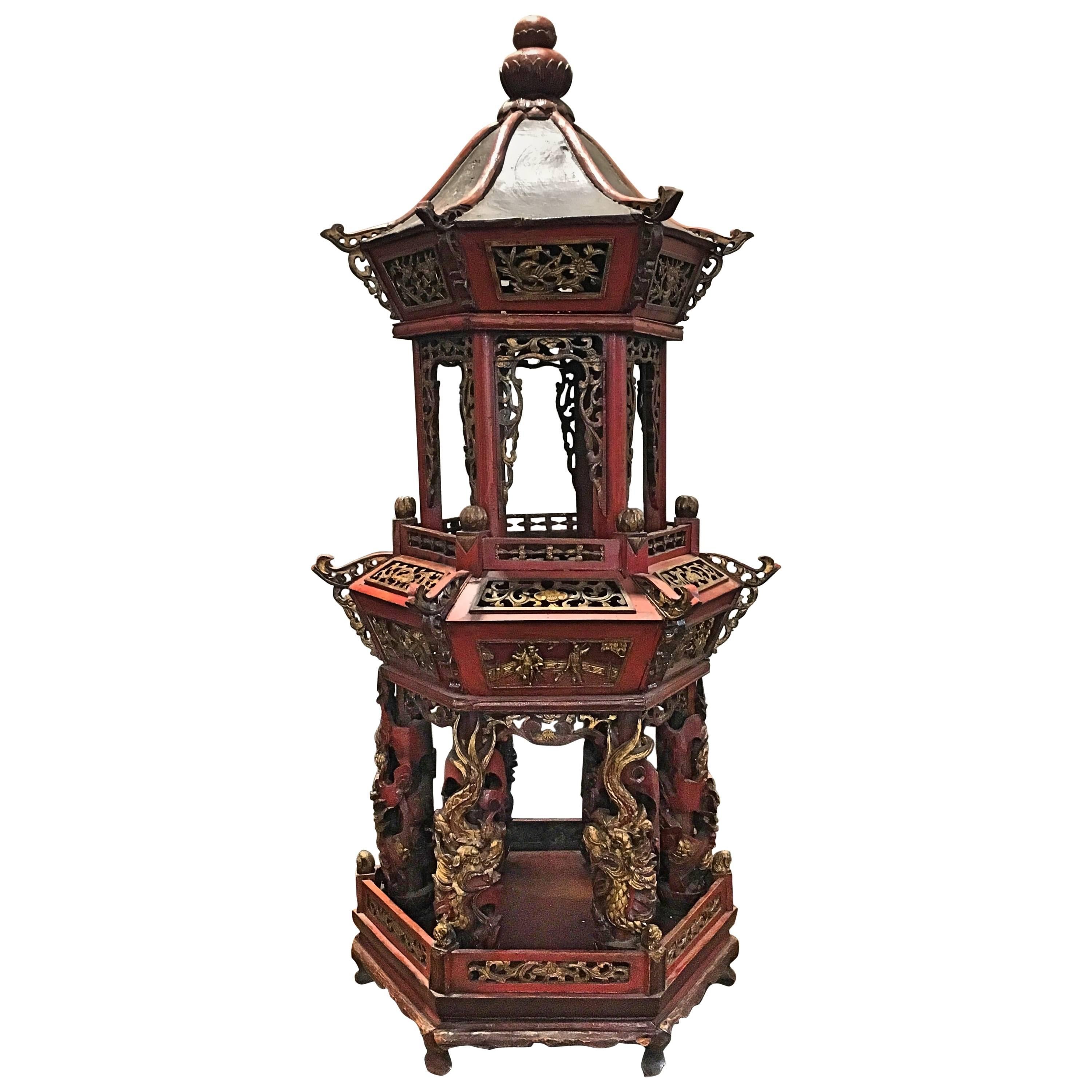 Large Chinese Lacquered and Gilt Wooden Model of a Pagoda or Pavilion