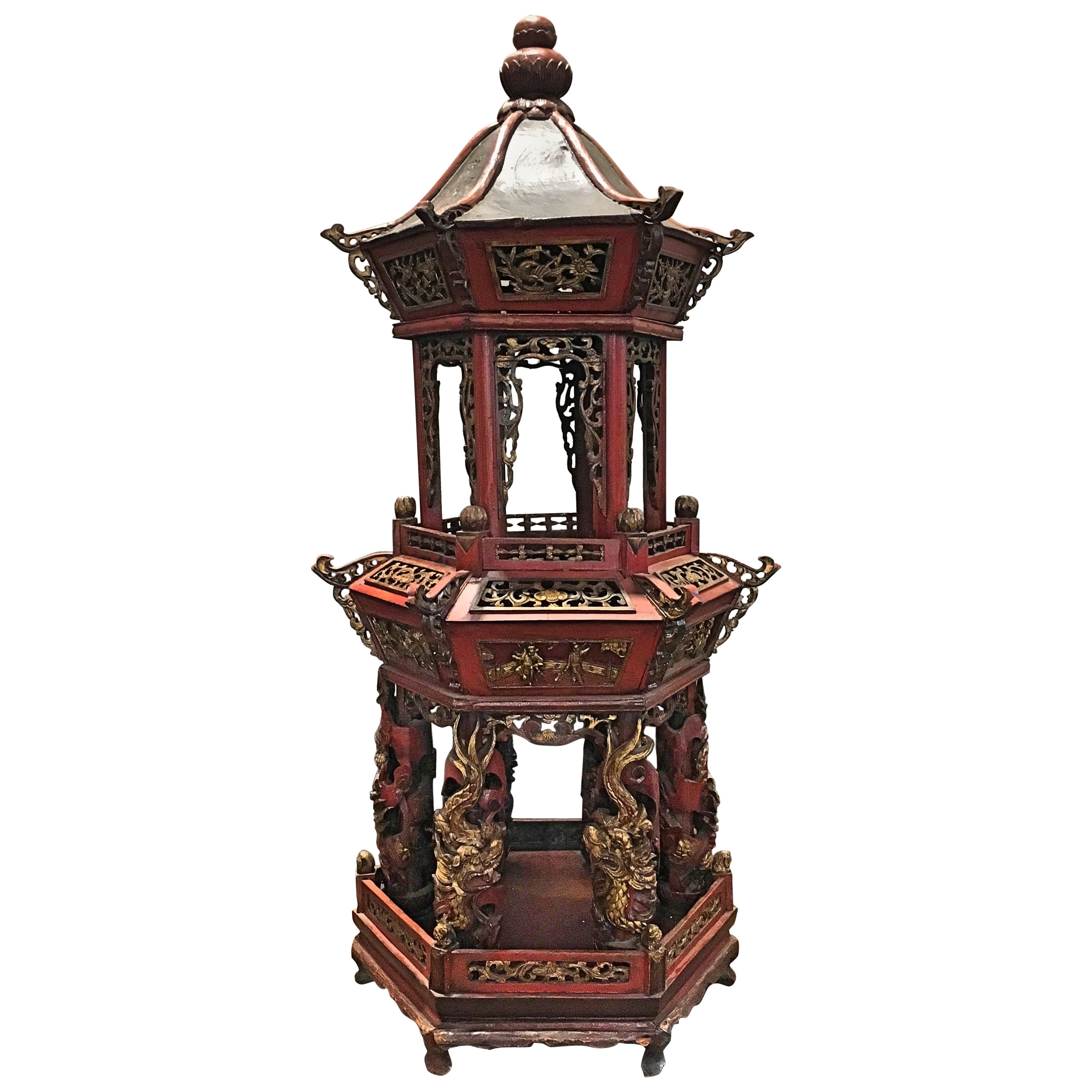 Large Chinese Lacquered and Gilt Wooden Straits Hexagonal Design Bronze Lantern