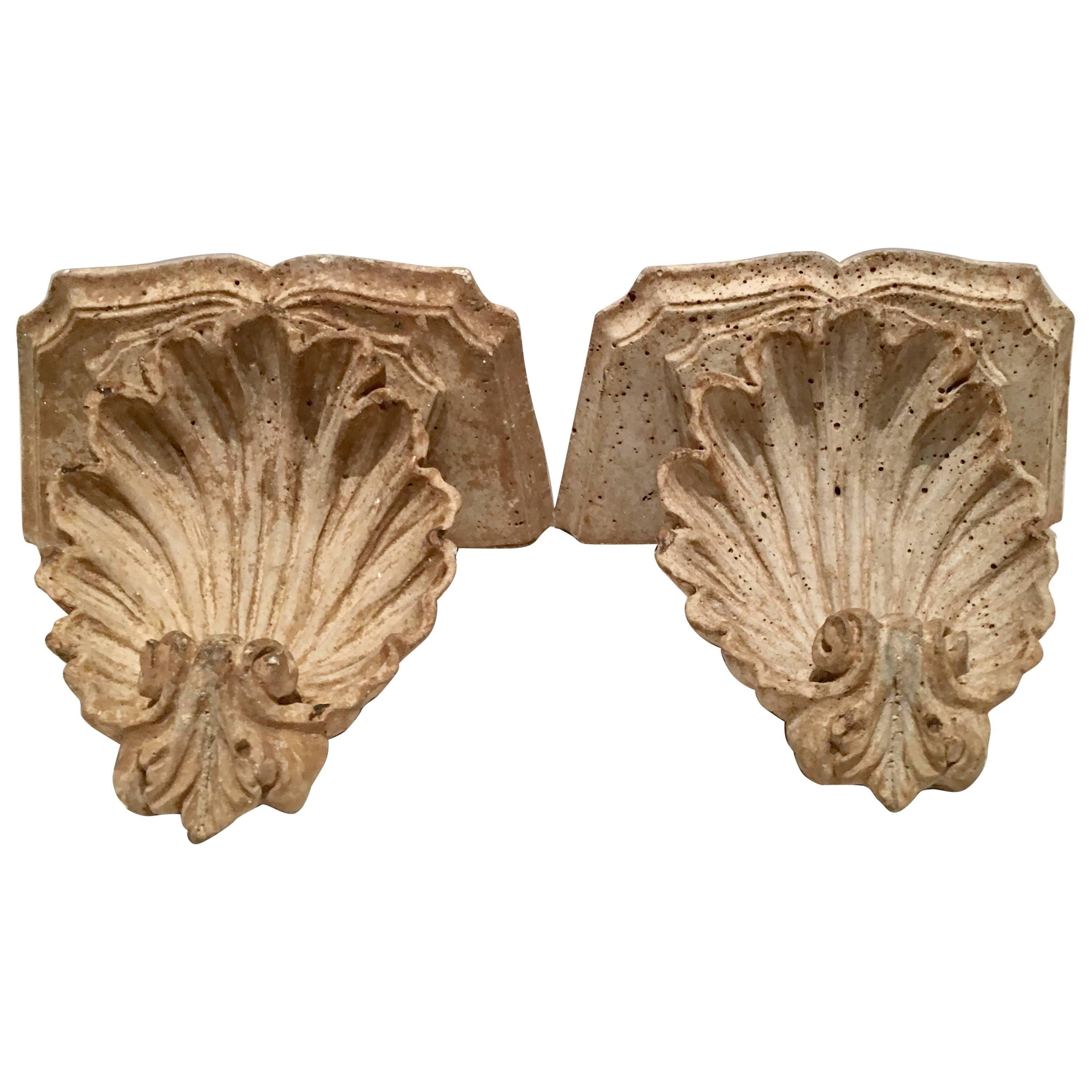 20th Century Pair Of Cast Stone Architectural Scallop Shell Corbel Wall Brackets