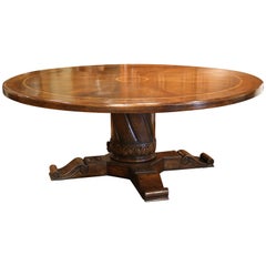 Large Round Walnut Table with Carved Center Pedestal and Geometric Design